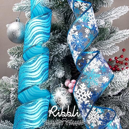 Miniatura 5 de Ribbli Cinta azul y plateada para árbol de Navidad, con alambre, purpurina, 6 rollos de 2.5 pulgadas, total de 36 yardas, para árbol, manualidades,