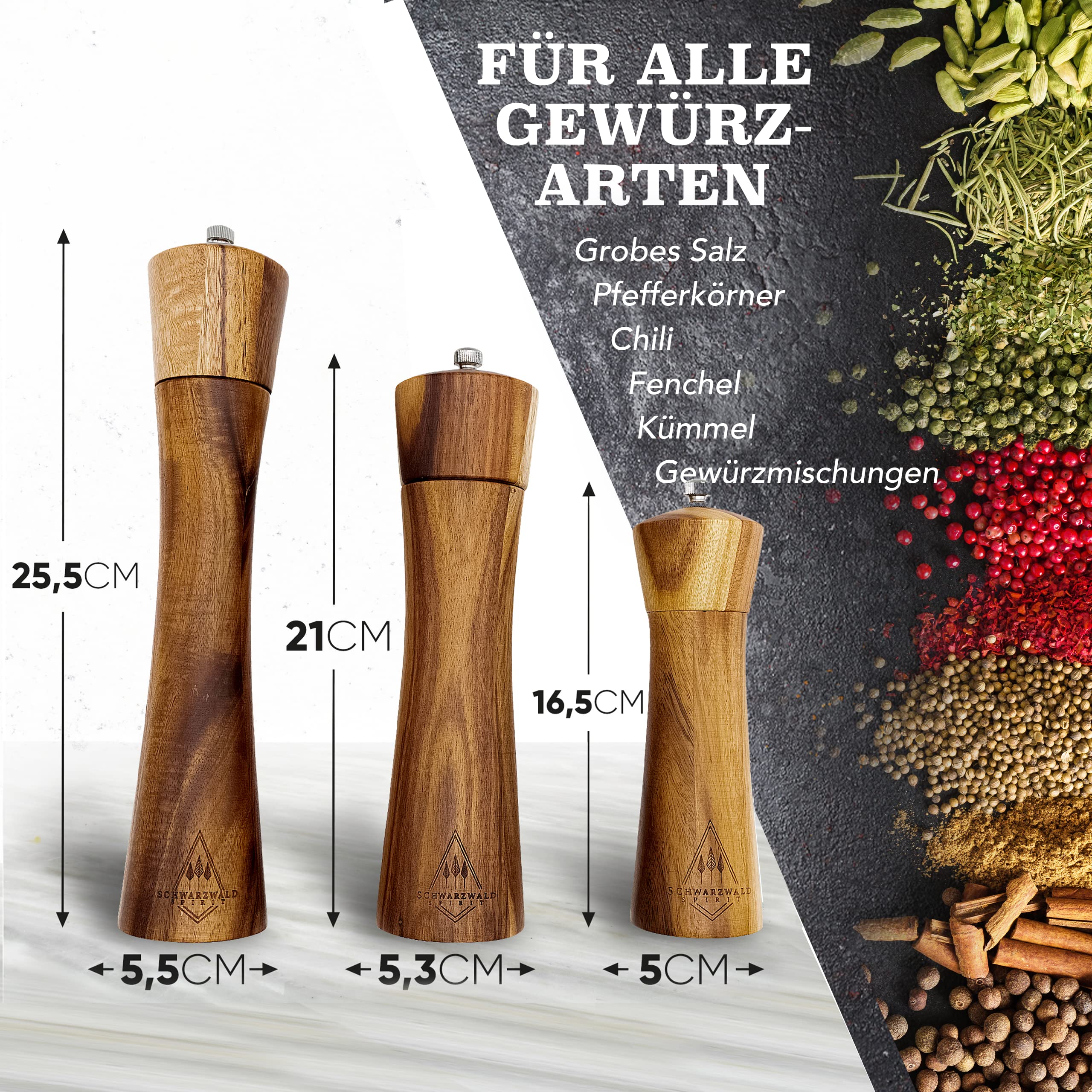 Salz und Pfeffermühle Holz Groß (21 cm) - 2er Set mit Pfeffer und Salzmühle - Gewürzmühle mit Keramikmahlwerk inkl. Reinigungspinsel, Rezeptbuch - Küchenhelfer Geschenkidee