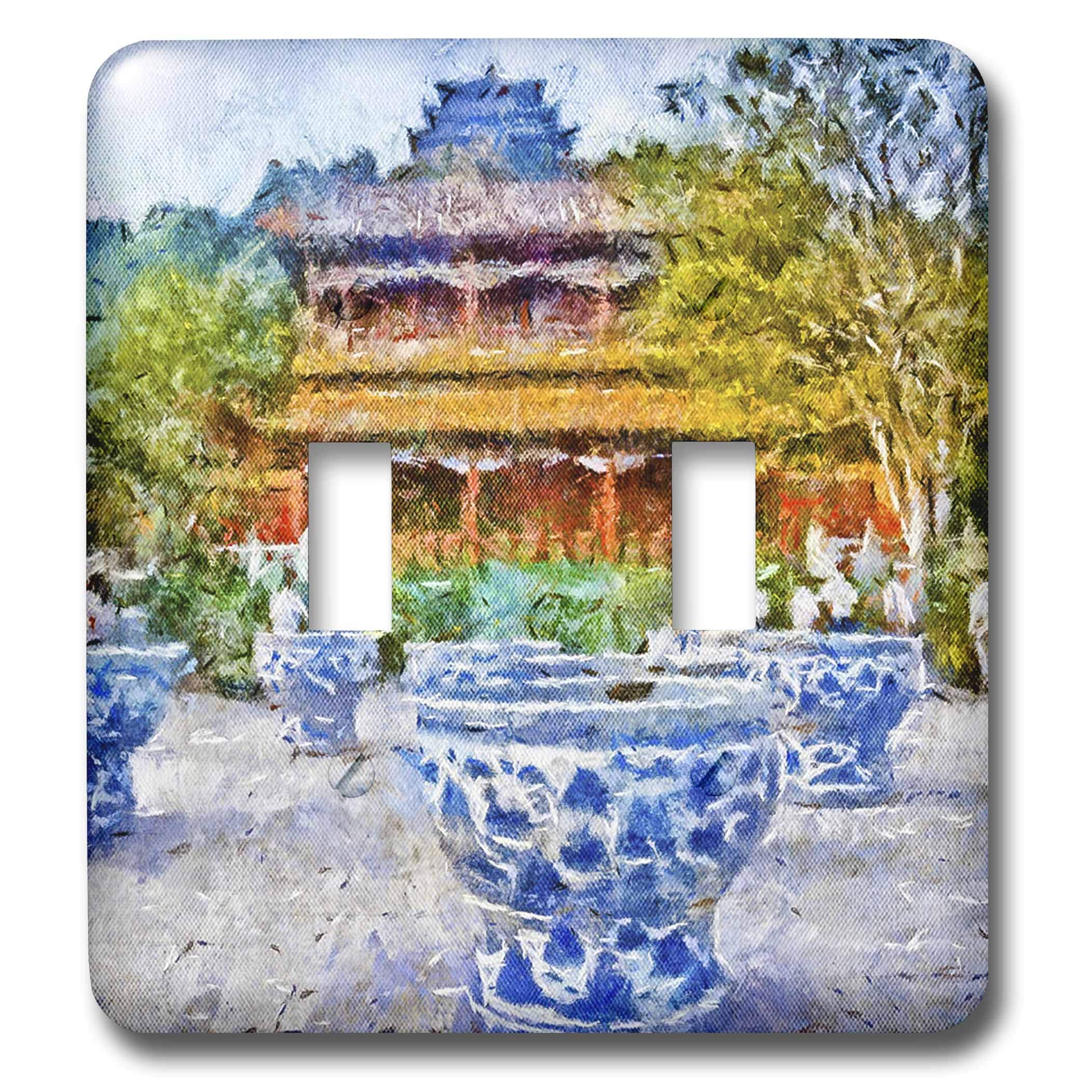 Interruptor doble 3dRose lsp_40583_2 con diseño de botes de porcelana azul y templo oriental