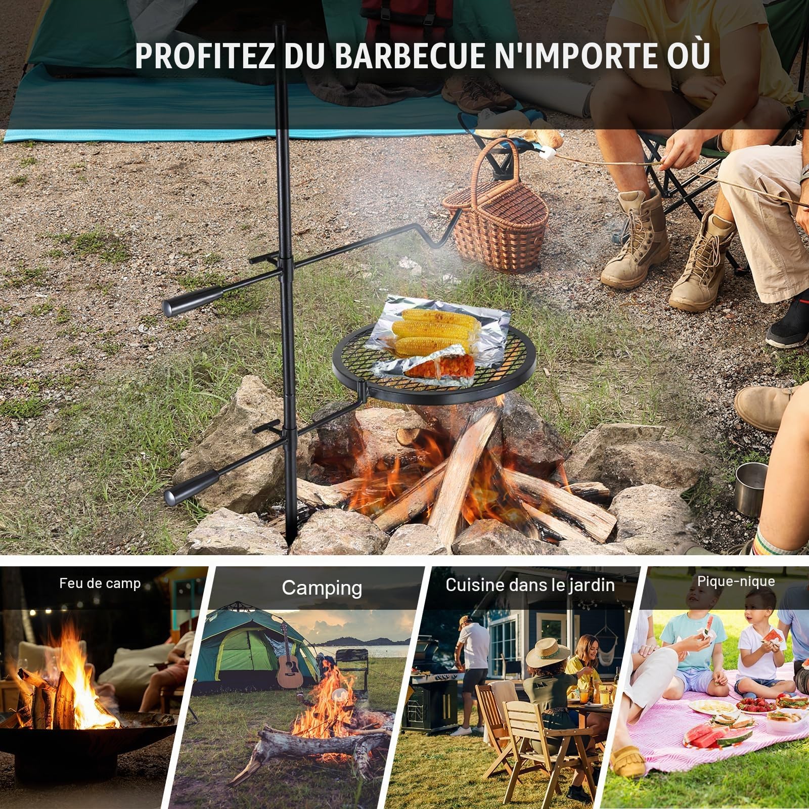 VEVOR Grille de Feu de Camp Pivotante avec Poteau 122,5 cm Gril de Camping 2 Couches 1 Filet en Diamant 36x36 cm 1 Crochet Grille de Cuisson en Acier Hauteur Réglable pour Foyer Barbecue en Plein Air