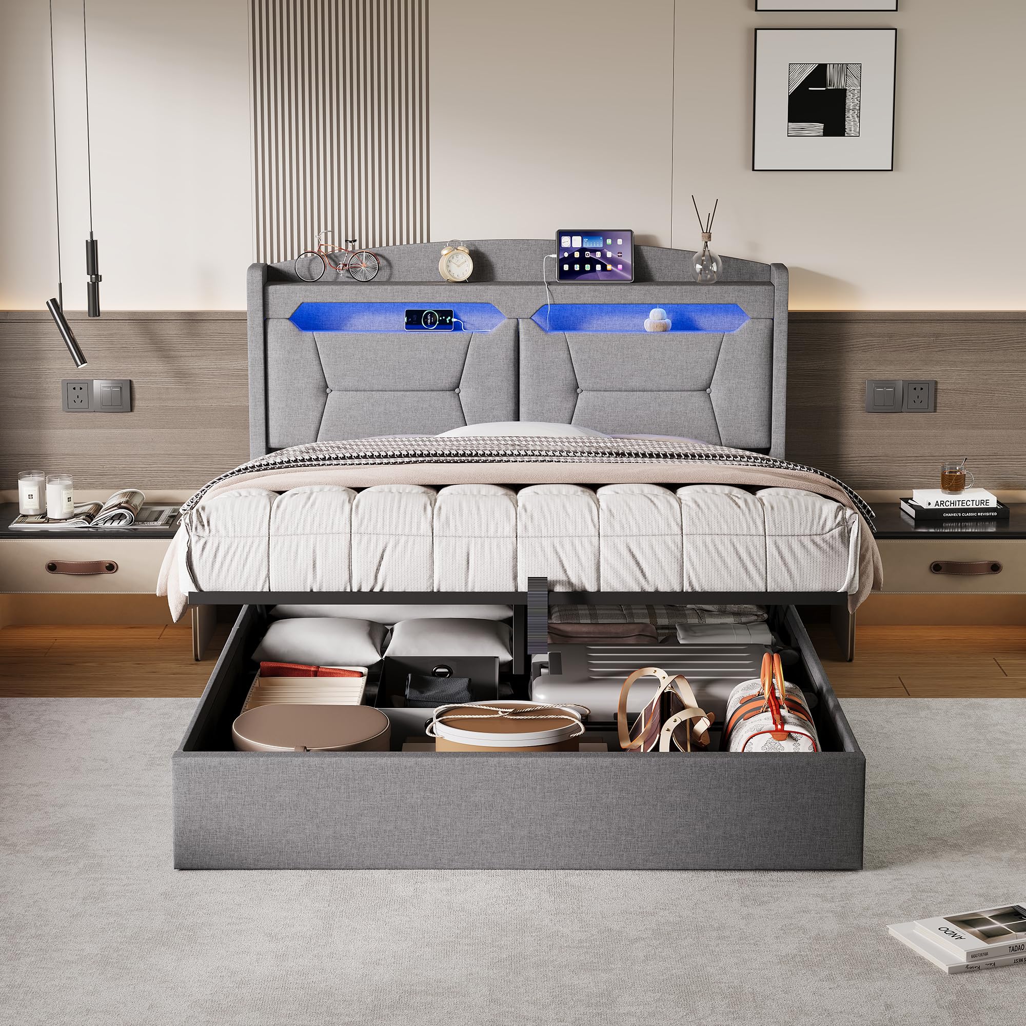 Letto con Cassetto 140x200 con LED e USB, Letto per 2 Persone con Testiera Imbottita e Spazio di Archiviazione, Letto Matrimoniale con Rete a Doghe per Adulti e Adolescenti, senza Materasso