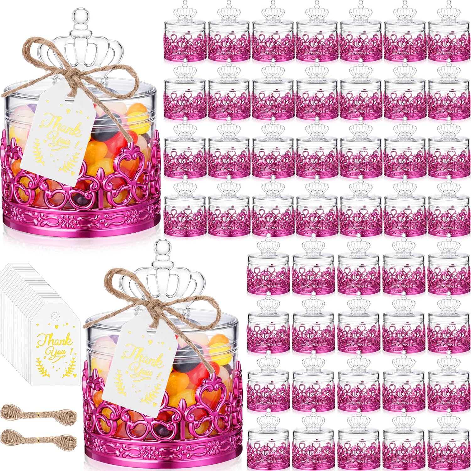 Jingmore 60 Sets Mini Crown Candy Boxes with Thank You Tags and Twine Plastic Candy Containers Storage Boxes Decorative for Wedding Baby Shower Party Princess Birthday Supplies (Gold)