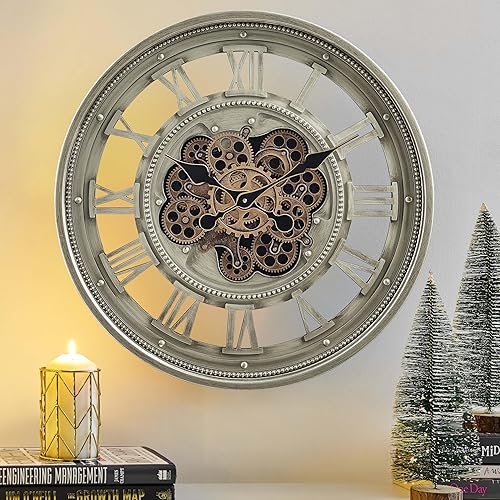 CLXEAST Reloj de pared de 24 pulgadas con engranajes móviles, relojes de pared grandes de gran tamaño con números romanos para decoración de sala de