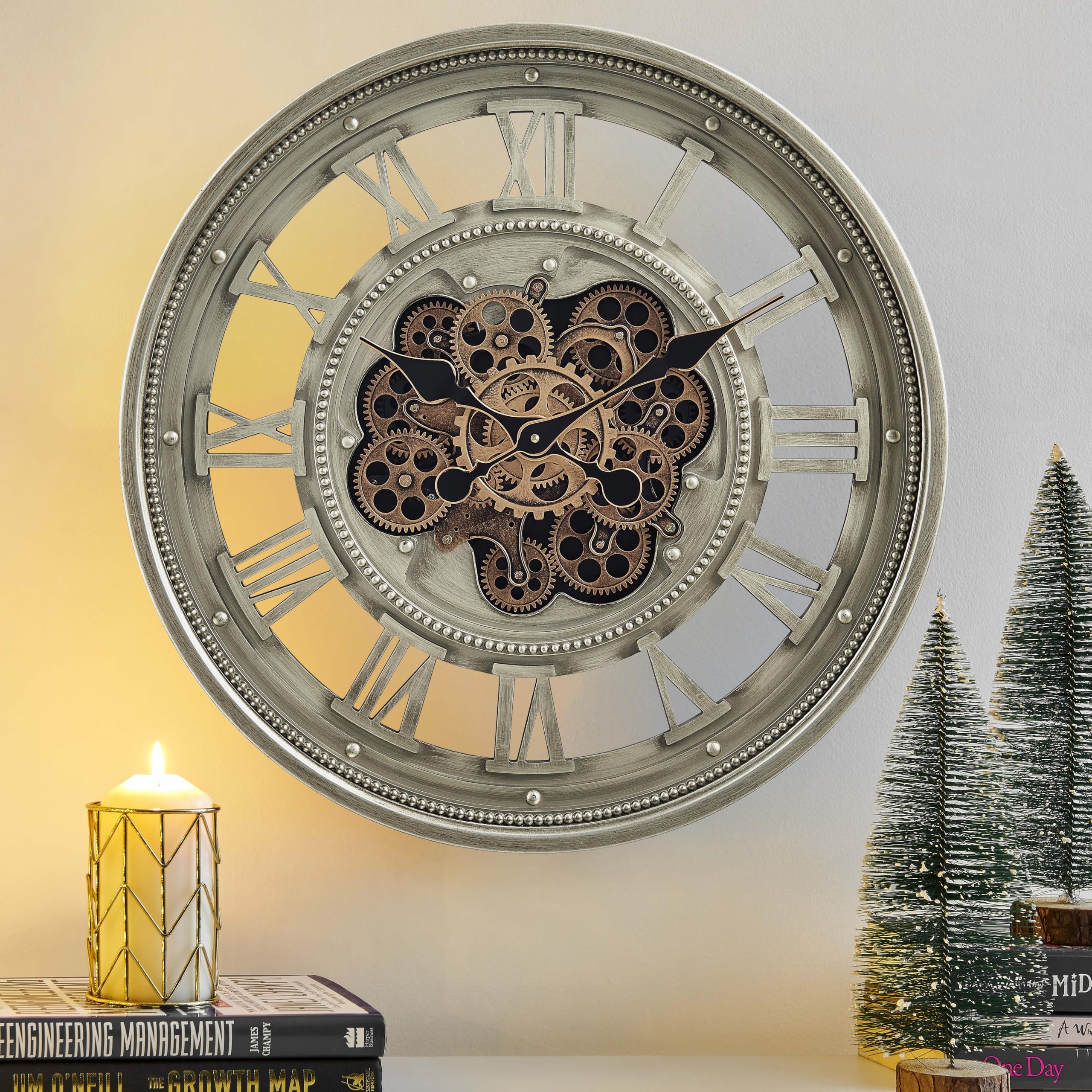 CLXEAST 24 Inch Wall Clock with Moving Gears Oversized Large Roman Numeral Wall Clocks for Living Room Decor