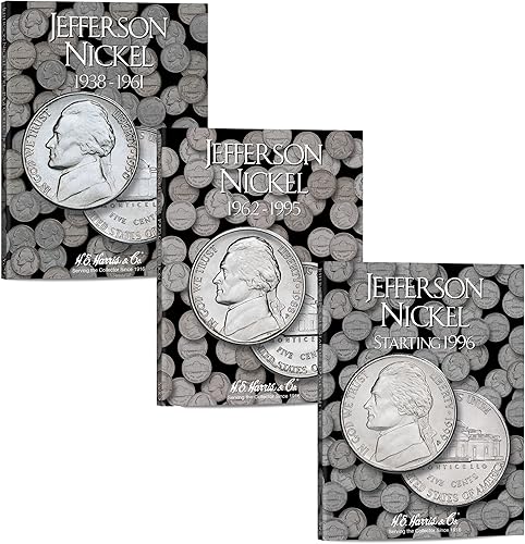 H.E. Harris & Co U.S. Jefferson - Carpeta de monedas de níquel de tres volúmenes 1938 2023# 2679, 2680, 2681