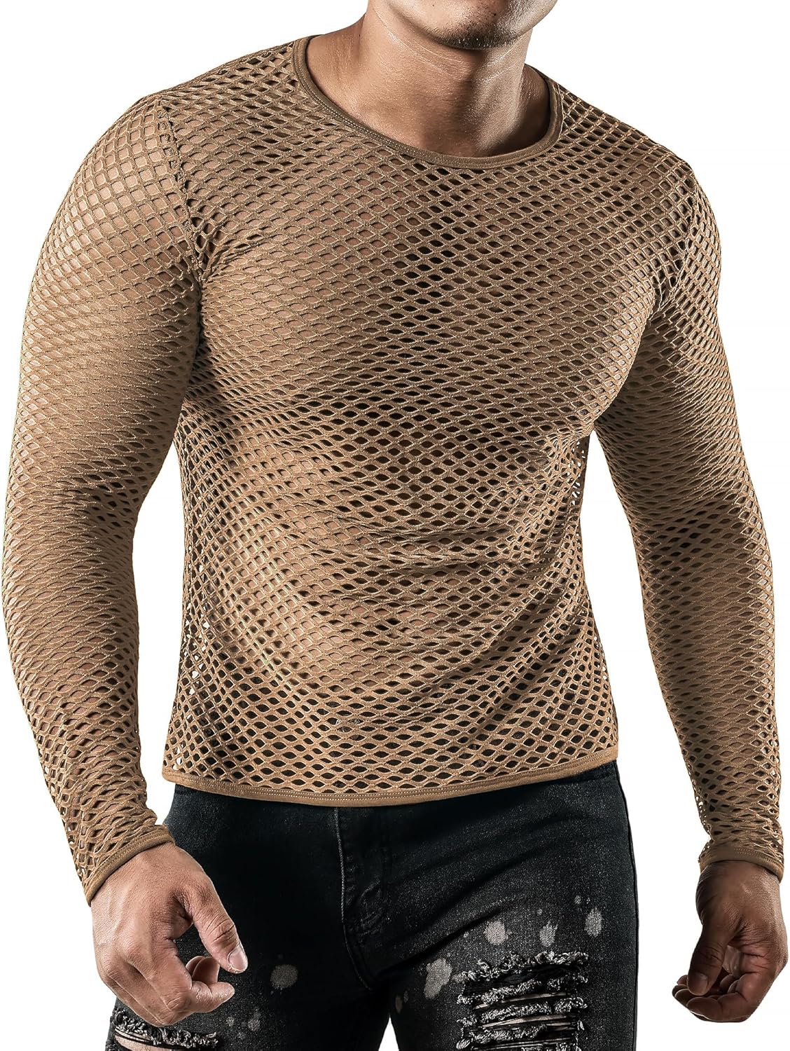 JOGAL Men's Mesh Fishnet Fitted Long Sleeve Muscle Top - Image 4