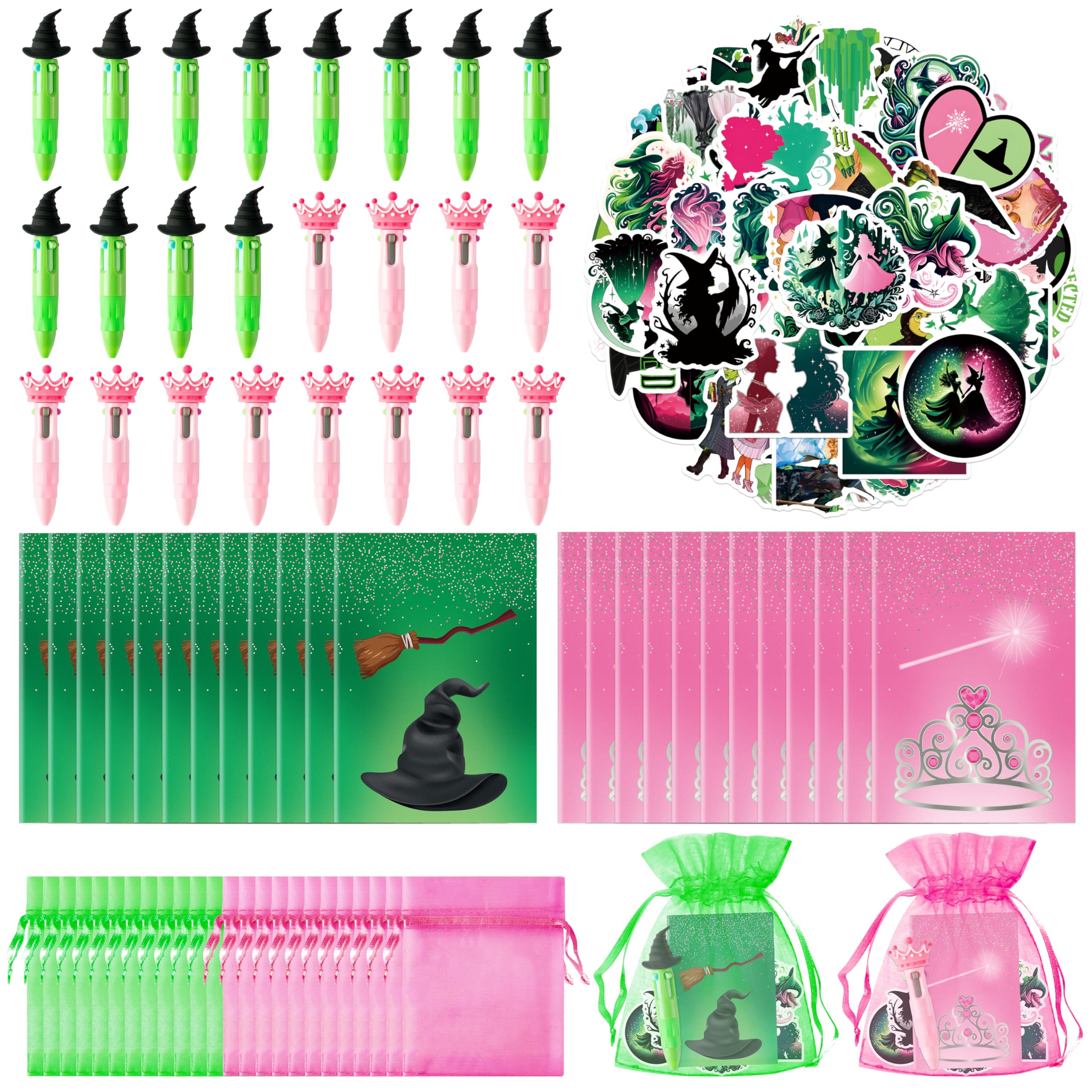 Wood Homing Princess Witch Stationery Gift - 24 Pack Green and Pink Party Favors 4-in-1 Broom Ballpoint Pen Mini Notebooks Stickers and Organza Witch Goodie Bags Stuffer Fillers for Kids School Reward
