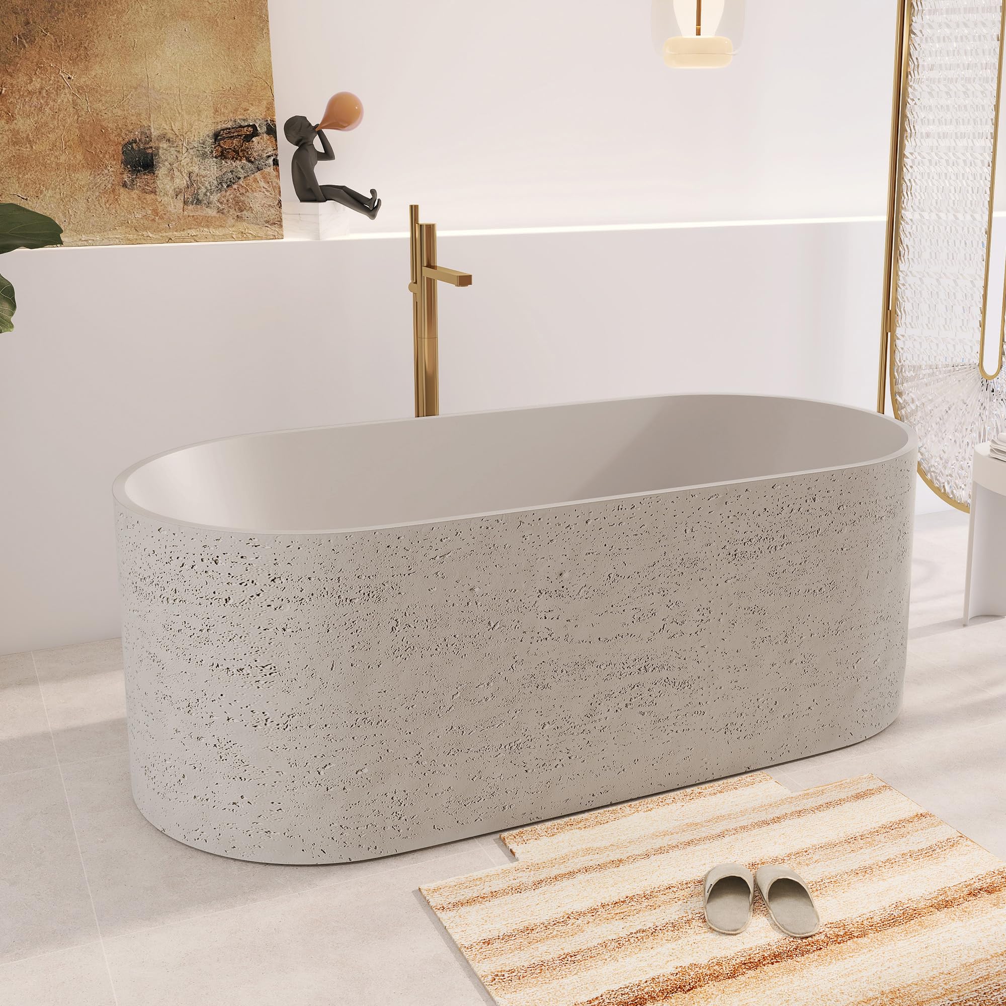 Vasca da bagno indipendente in travertino di alta qualità, con superficie in solido travertino, superficie ruvida opaca con scarico pop-up