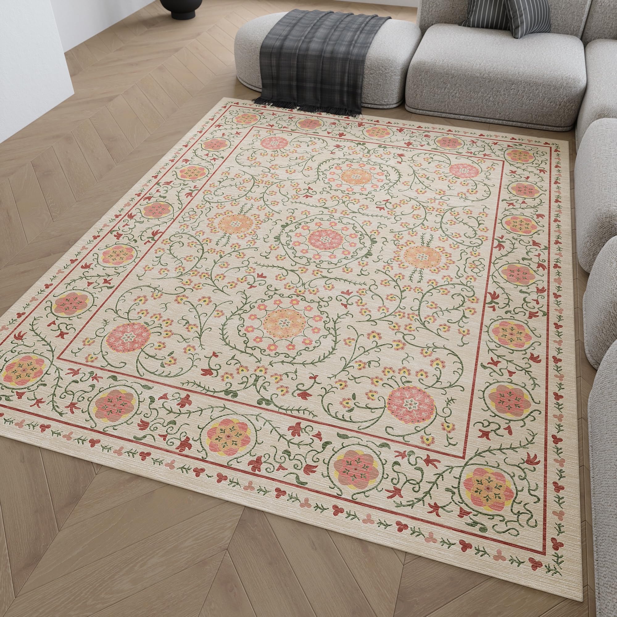 Vintage Floral Area Rug 8x10 Beige and Pink Machine Washable Rug, Ornamental Faux Wool Carpet