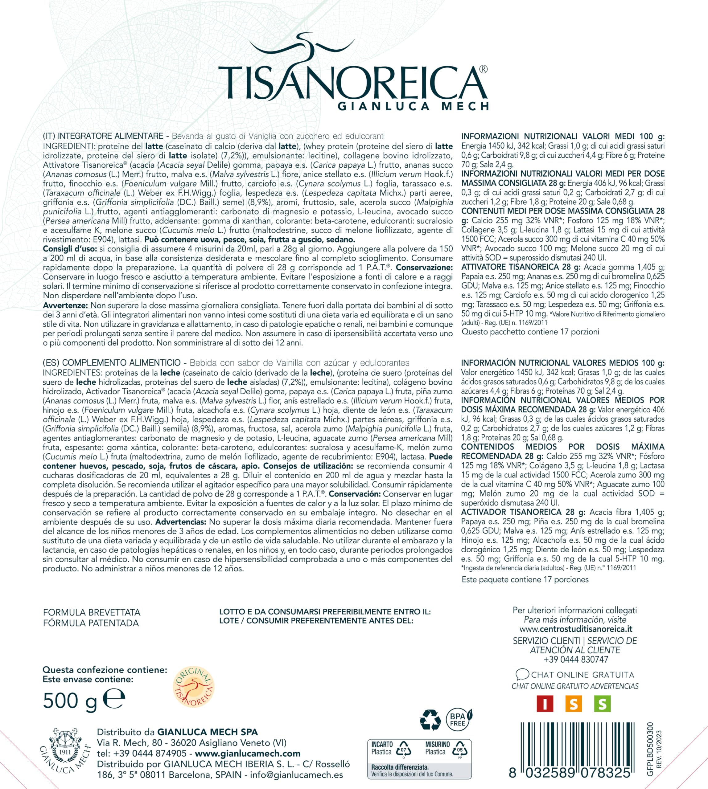 Gianluca Mech | Tisanoreica Bevanda Proteica al Gusto di Vaniglia, 500g, Integratore Alimentare Keto, 341kcal per 100g