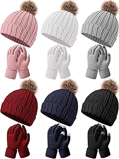 12 Pcs Knitted Beanie Hat Glove Set 6 Pcs Knit Skull Cap with Faux Fur Pom 6 Pairs Touchscreen Gloves, 6 Colors
