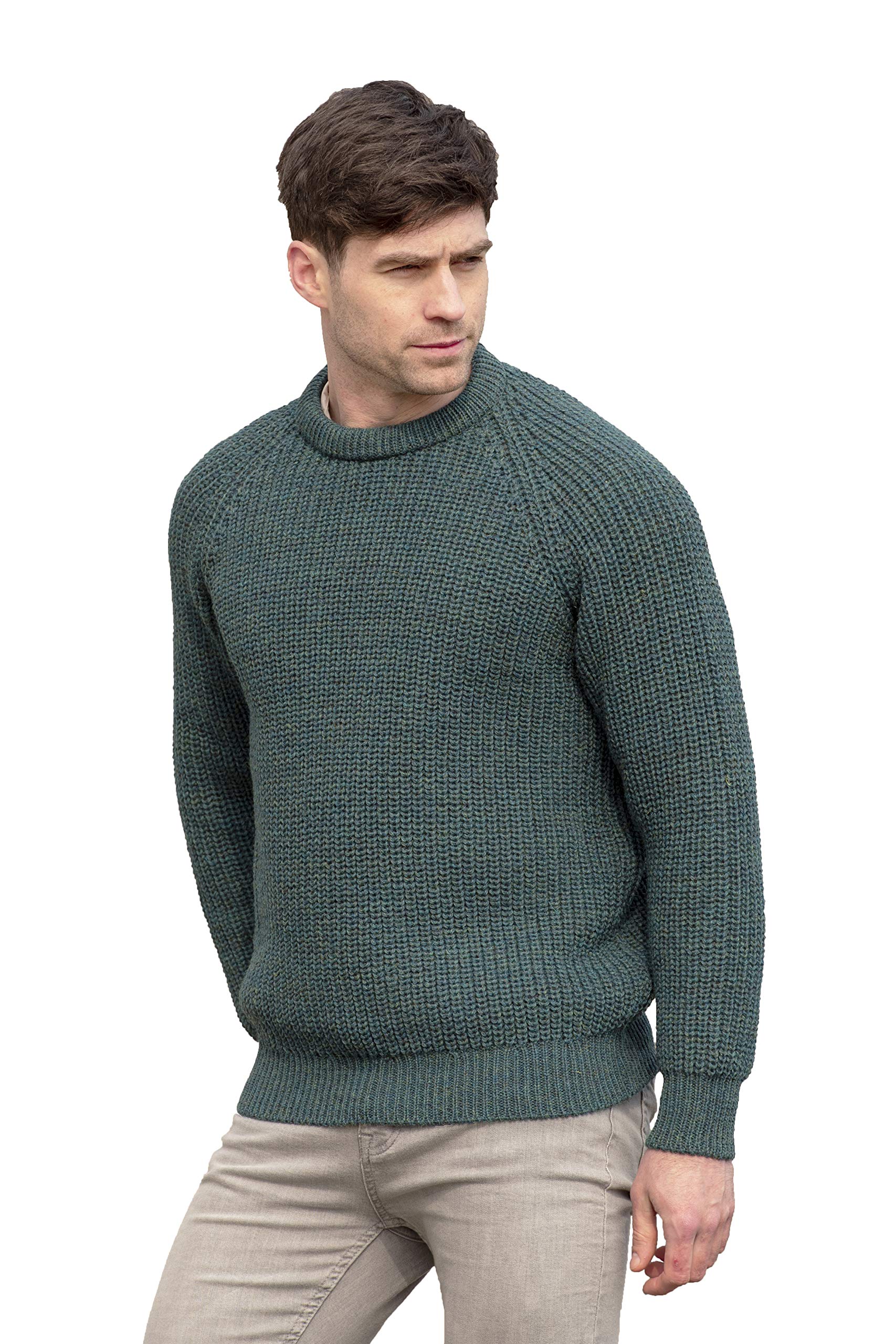 Aran Crafts Men's Fisherman Irish Rib Crew Neck Wool Sweater