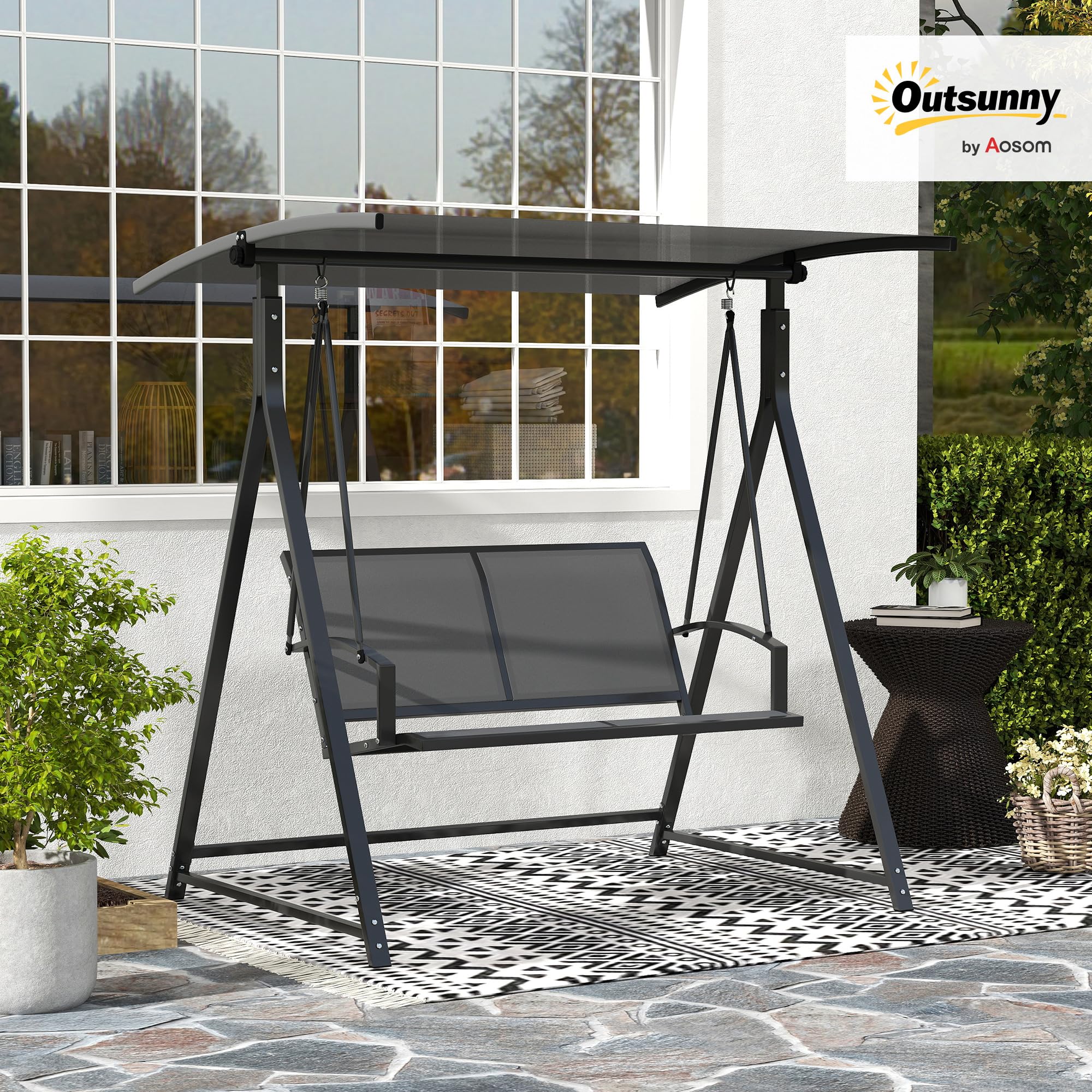 Outsunny Columpio de Jardín Exterior de 2 Plazas Balancín de Jardín Exterior con Toldo Ajustable 90° Protección UV 30+ y Estructura Triangular de Metal Carga 220 kg 160x112x162 cm Gris Oscuro