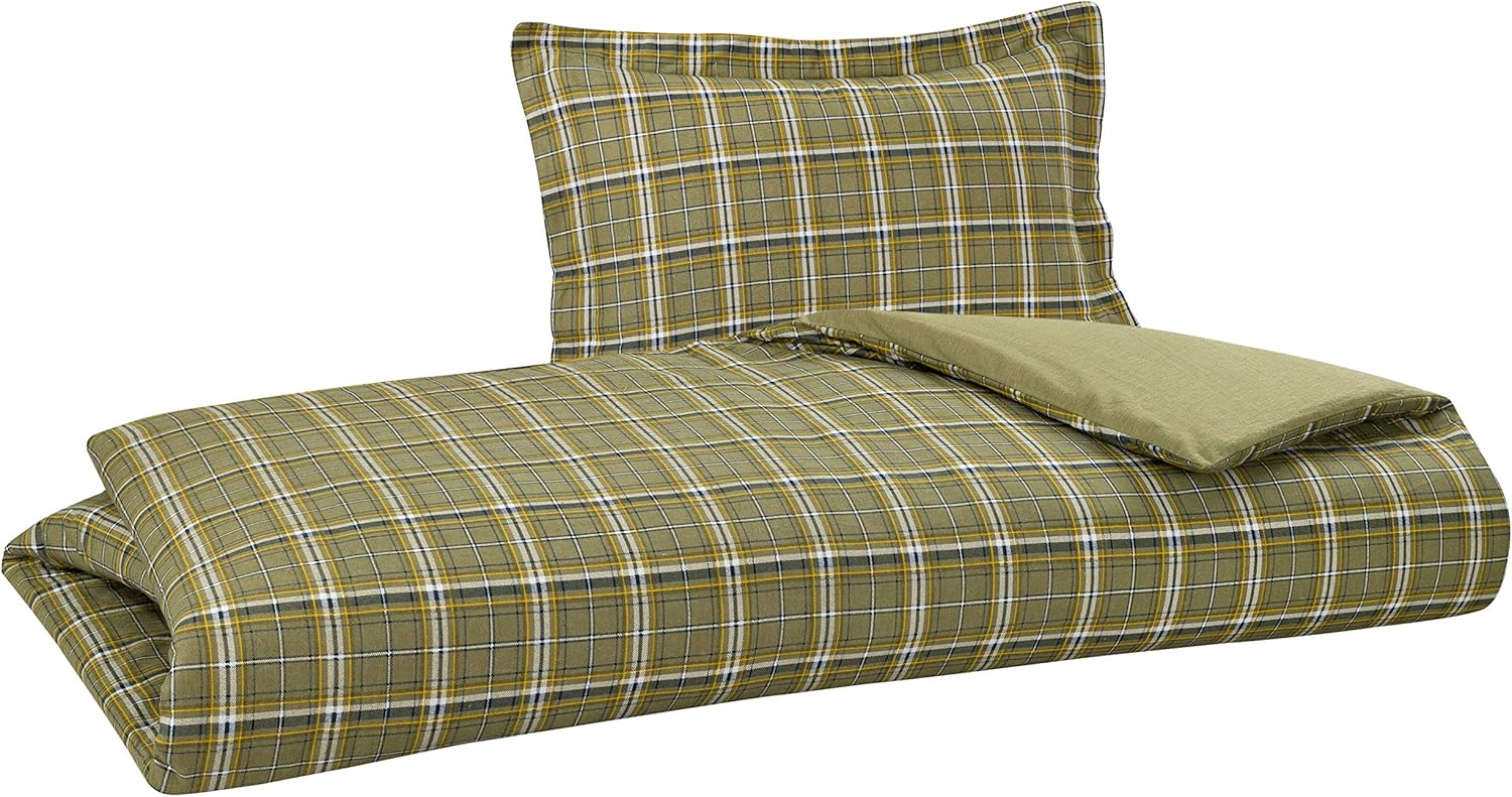 DELANNA Flannel Reversible Duvet Cover Set 100% Cotton 1 Duvet Cover 68" x 90" and 1 Pillow Sham 20" x 26" (Twin, Buffalo Check SAGE)