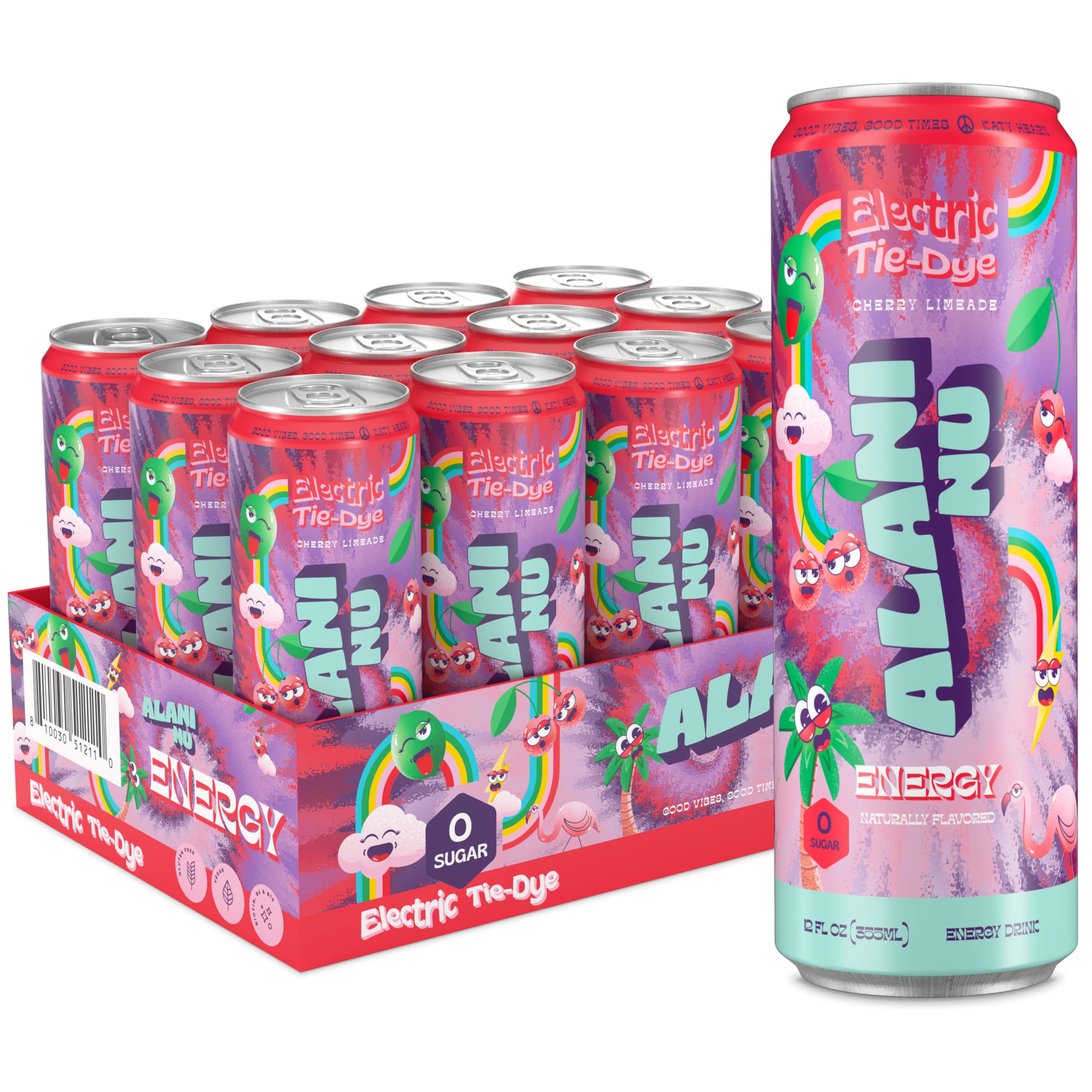 Alani Nu Sugar-Free Energy Drink, Pre-Workout Performance, Electric Tie Dye, 12 oz Cans (Pack of 12)