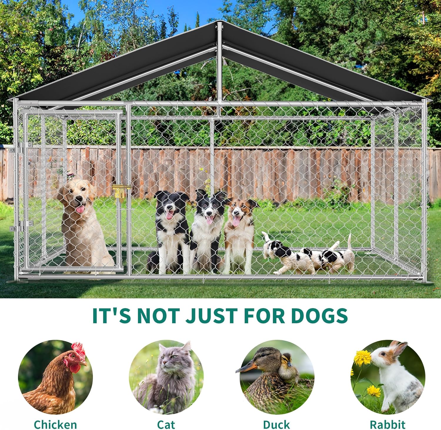 Various animals including dogs, chickens, ducks, and rabbits shown, indicating the enclosure's versatility.