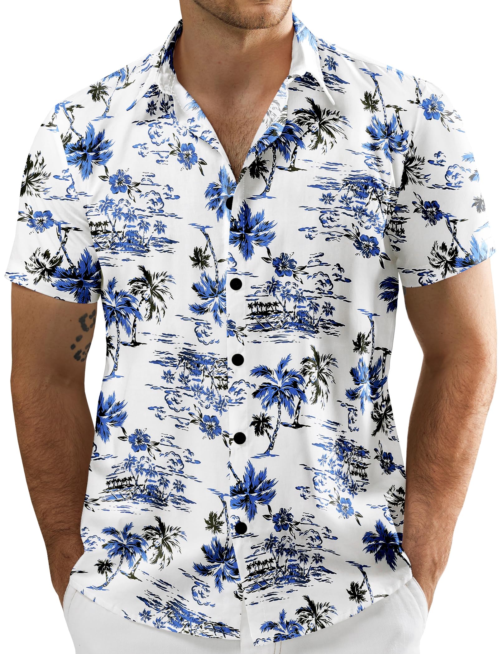 JOGAL Chemise hawaïenne boutonnée à manches courtes en coton pour homme, blanc/bleu, Taille L