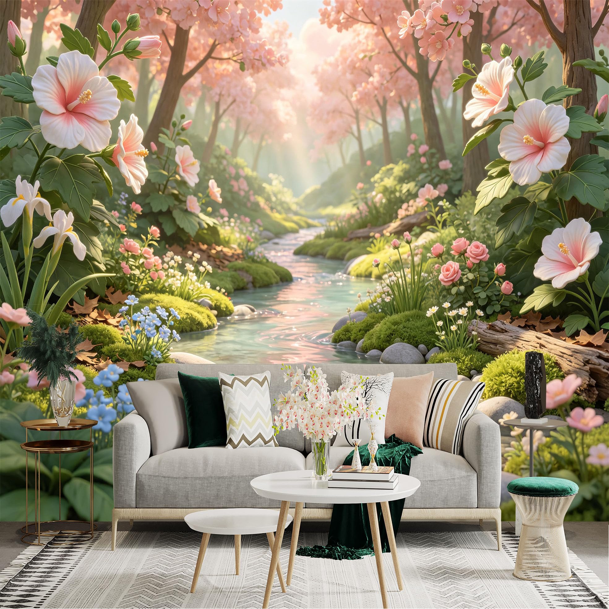 Lnzczhyre Bh260719154 Custom Size Wall Sticker Mural， Pink Floral Forest Stream， Sunlit Spring Nature Scenery， Peaceful Garden Brook， For Wall Decoration， Peelandstick Wall Decals.
