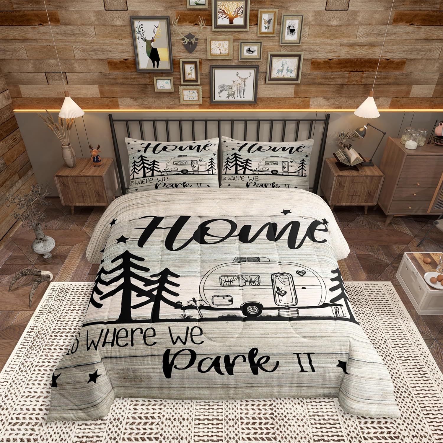 RV Happy Camping Comforter Set Full Size,Home is Where We Park It Bedding Comforters for Girls Teens Present,Rustic Explore Camper Vanlife Microfiber Quilt Set with 2 Pillowcases