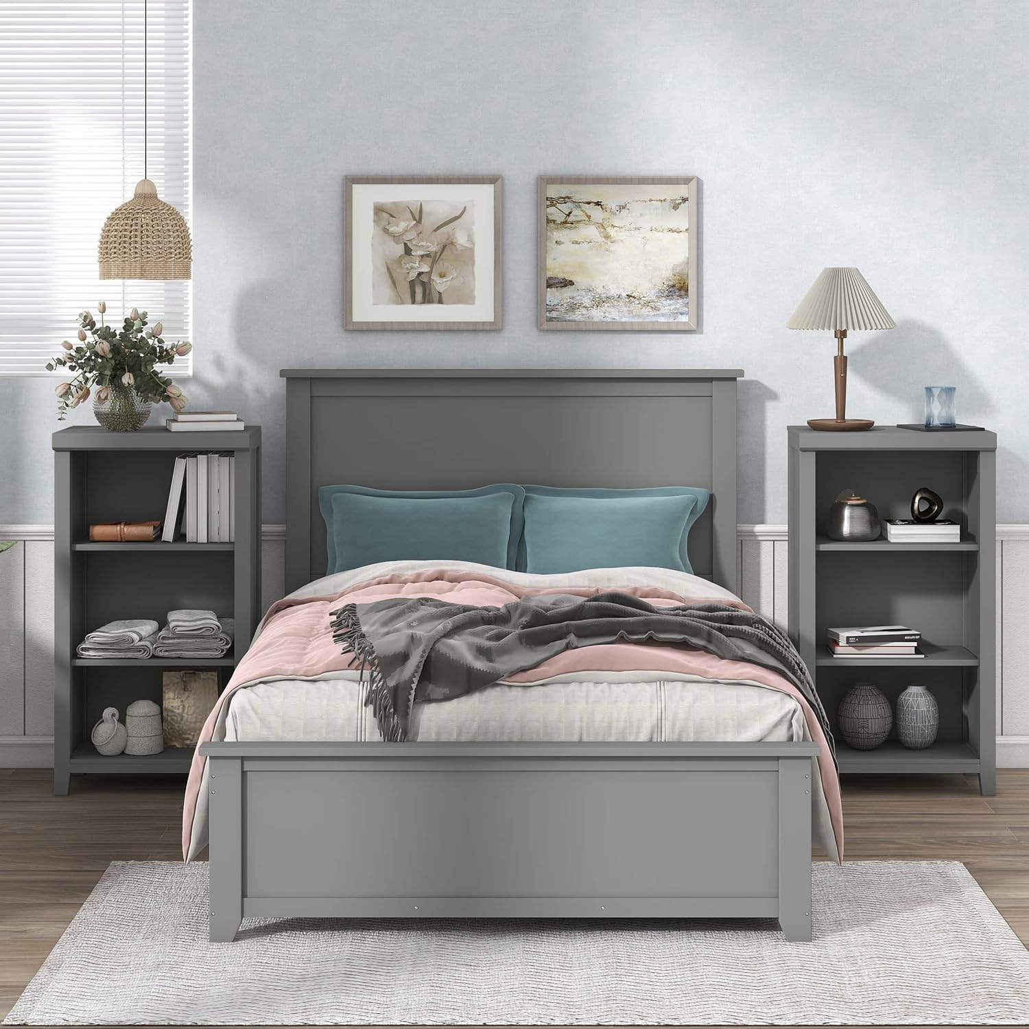 3 Pieces Bedroom Furniture Set,Full Size Bed with 2 Nightstands,Solid Wood Frame Bed Without Mattress Gray 47.05" x 16.34" x 7.68"