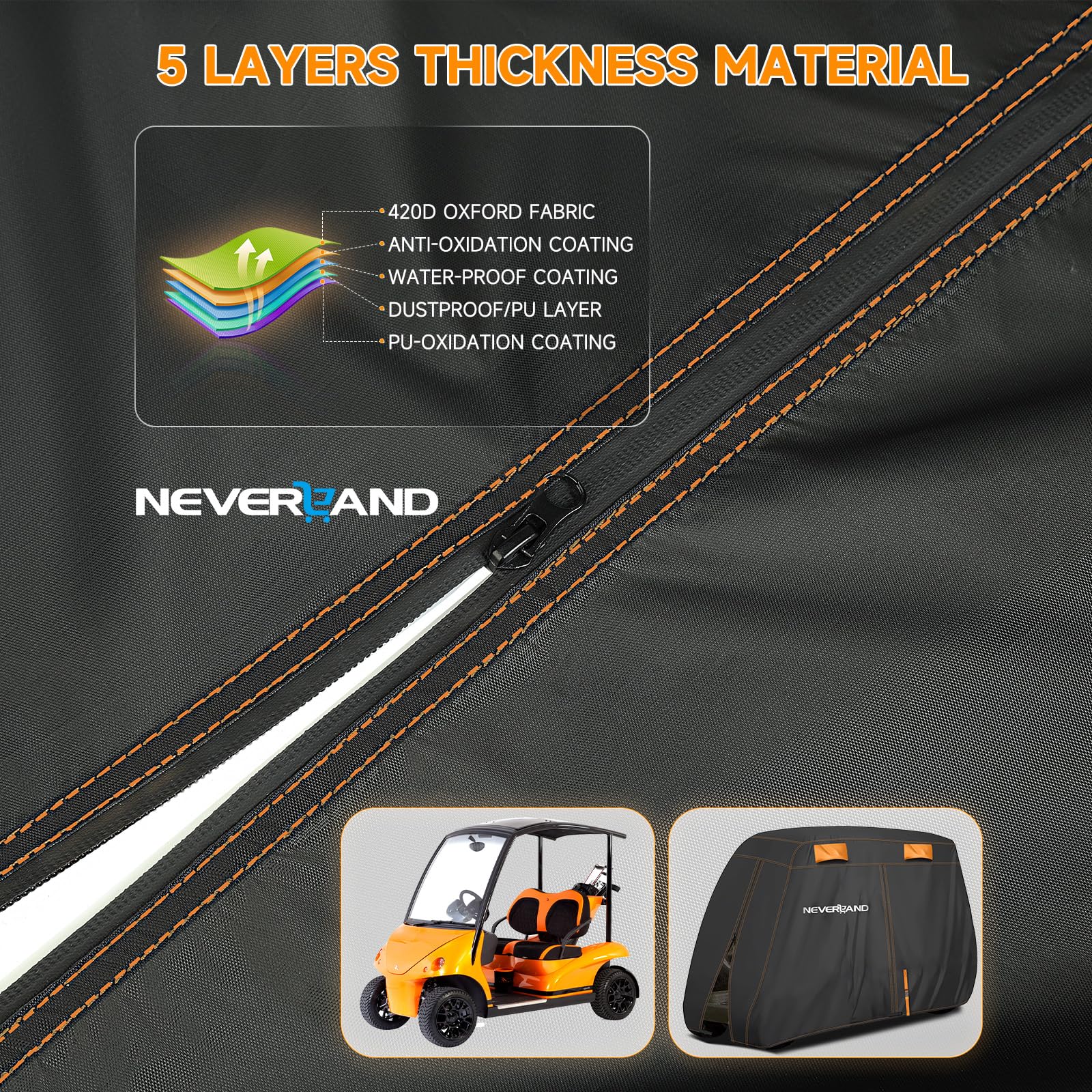 NEVERLAND Golf Cart Cover 4 Passenger, Heavy Duty 420D Golf Cart Covers, Waterproof Club Car Golf Cart Cover with Zipper Doors Compatible with EZGO Yamaha Club Car 4 Seat (Up to 115 Inch)