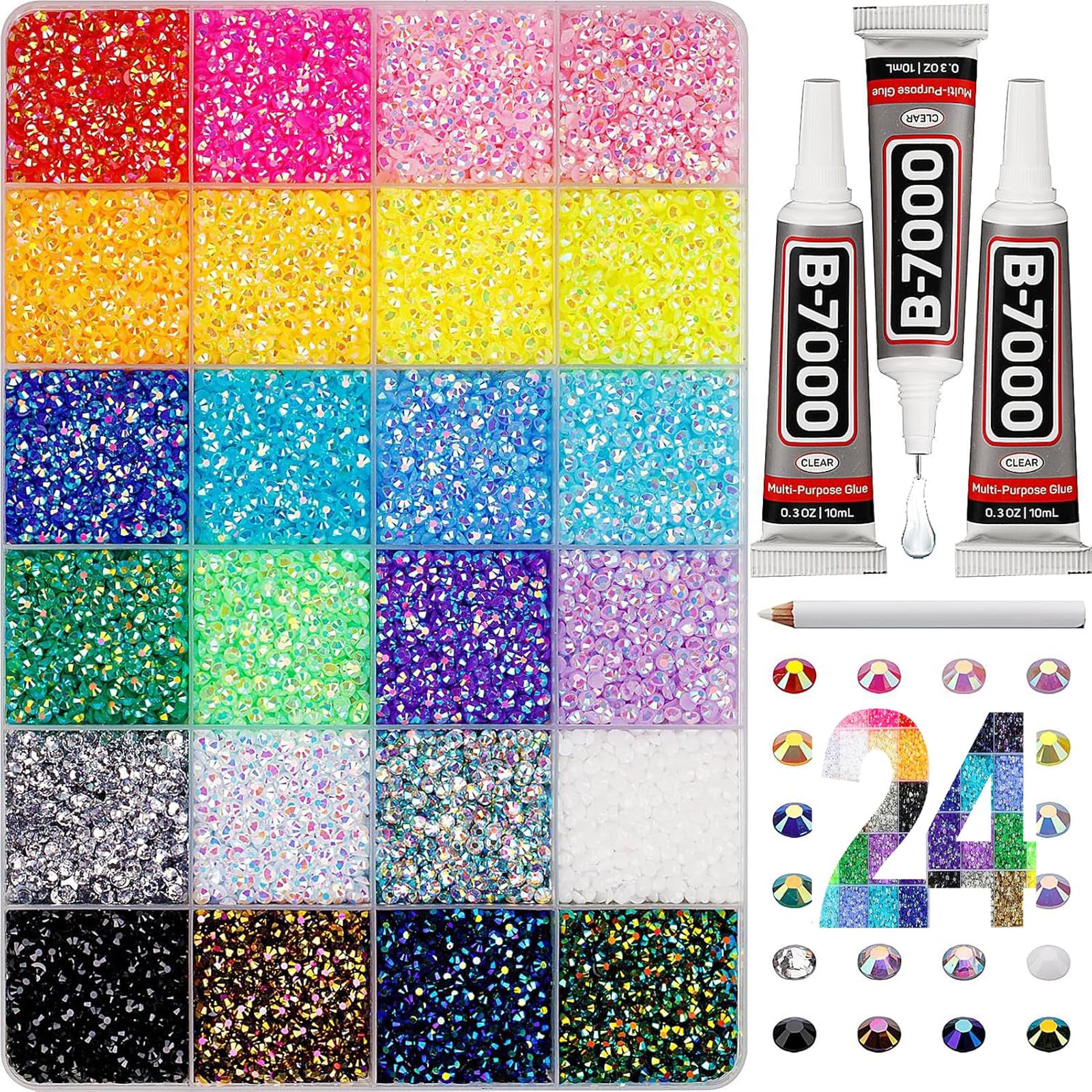 Pluffy 24 Color 24000Pc 40 Colors Colorful Diy 32000Pcs Resin Rhinestone Bedazzling Kit With Glue And Pen，Bedazzle Kit，Flatback Gems Bedazzler Kit With 3Pcs 10Ml Jewelry Glue For Nail Makeup (24 Color 24000Pc)