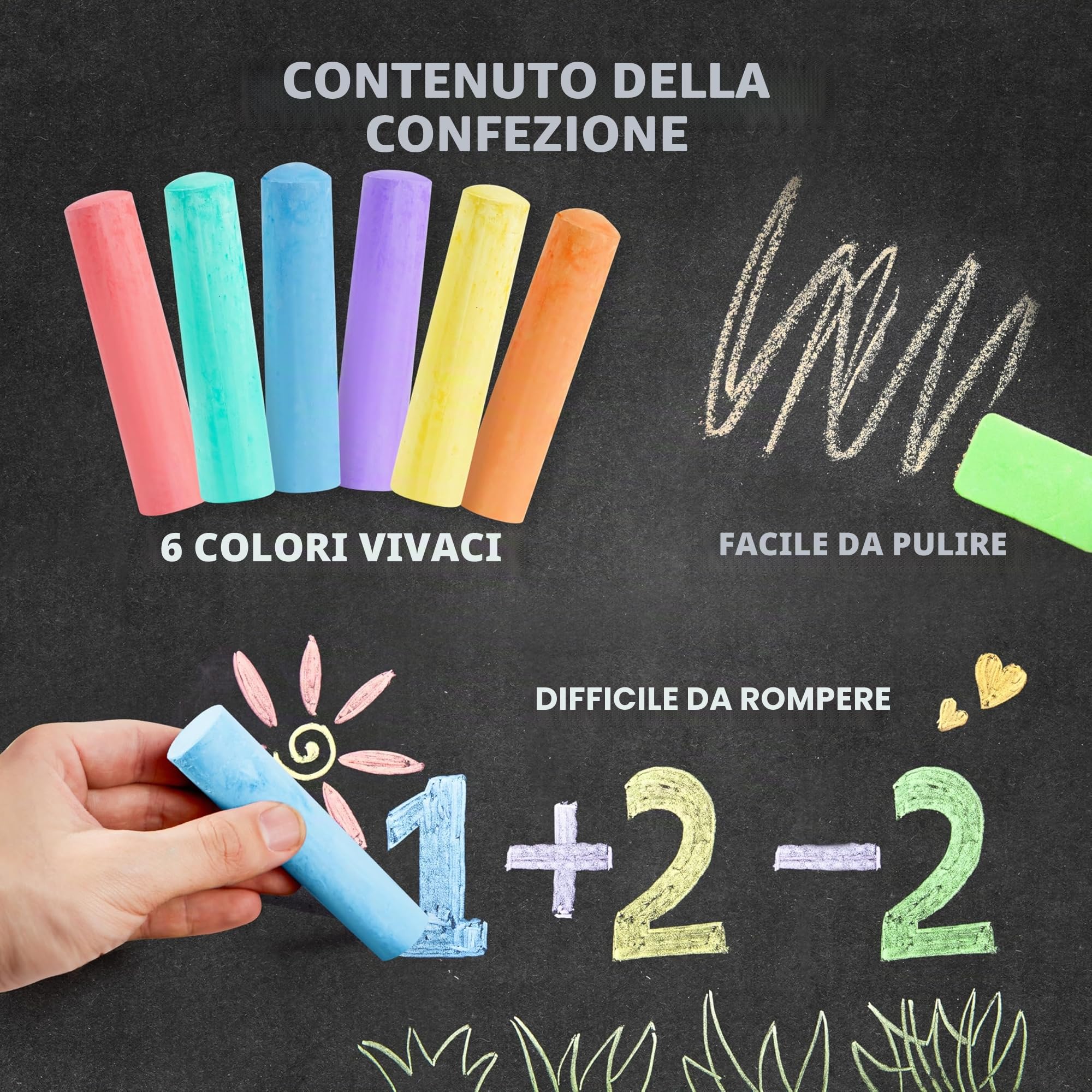 Set di 24 gessetti lavabili per marciapiede, non tossici, per scuole, giochi d'arte all'aperto, pittura su lavagna, lavagna e parco giochi
