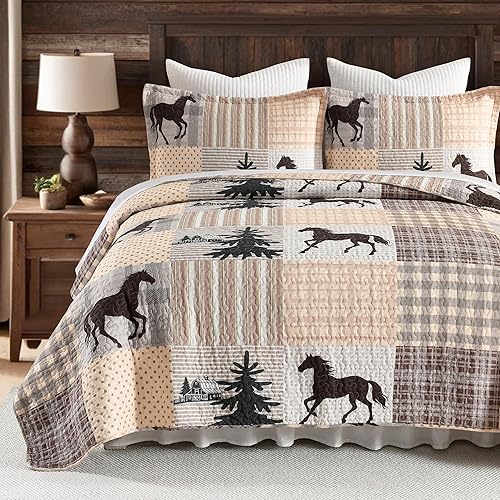 Juego de edredón de retazos Queen de 3 piezas, ropa de cama 100% algodón con diseño a cuadros de bosque y caballo, colcha ligera para todas las