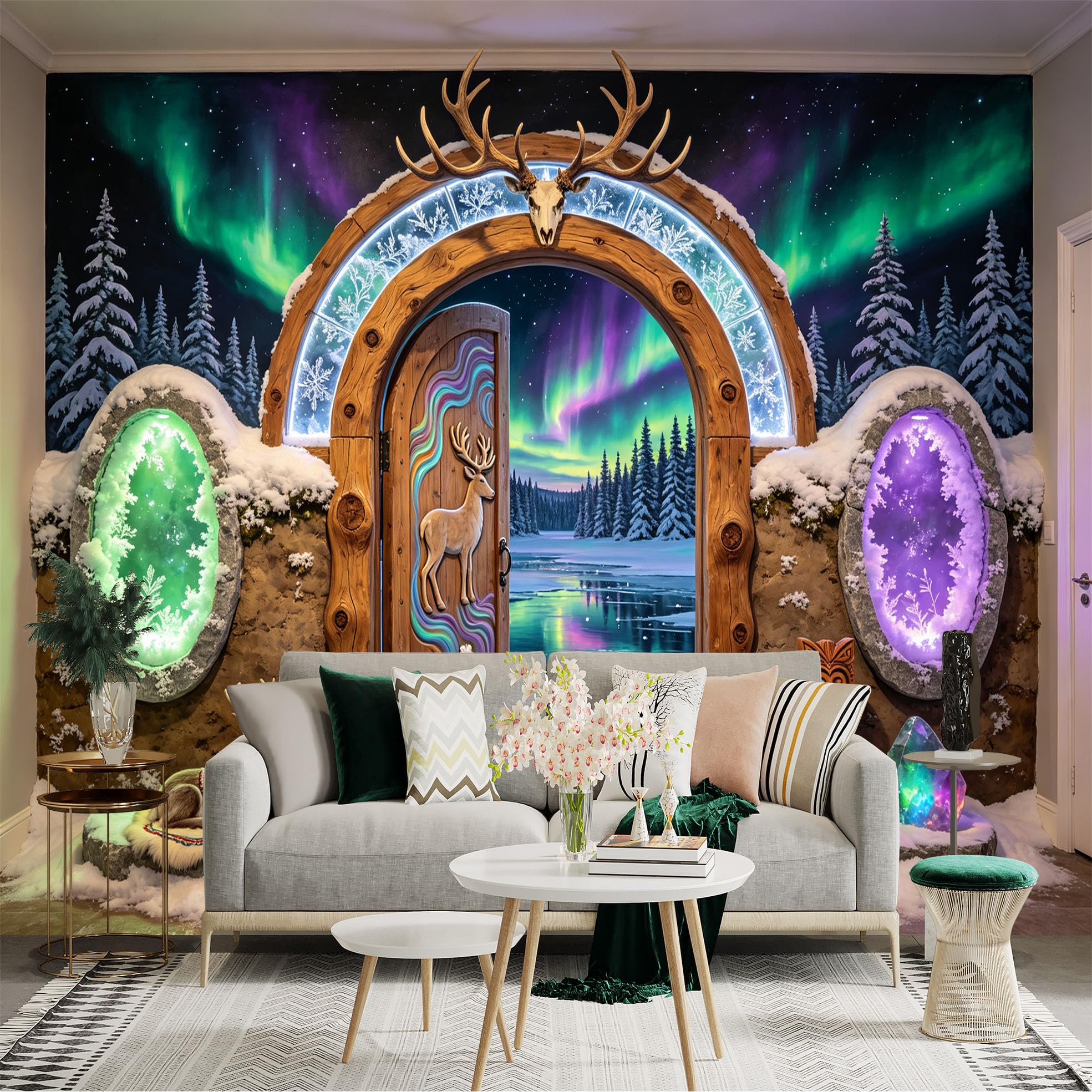 Custom Size Wall Sticker Mural， Aurora Winter Forest with Wooden Arch， Deer and Frozen Lake， for wall Decoration， peelandstick wall Decals.