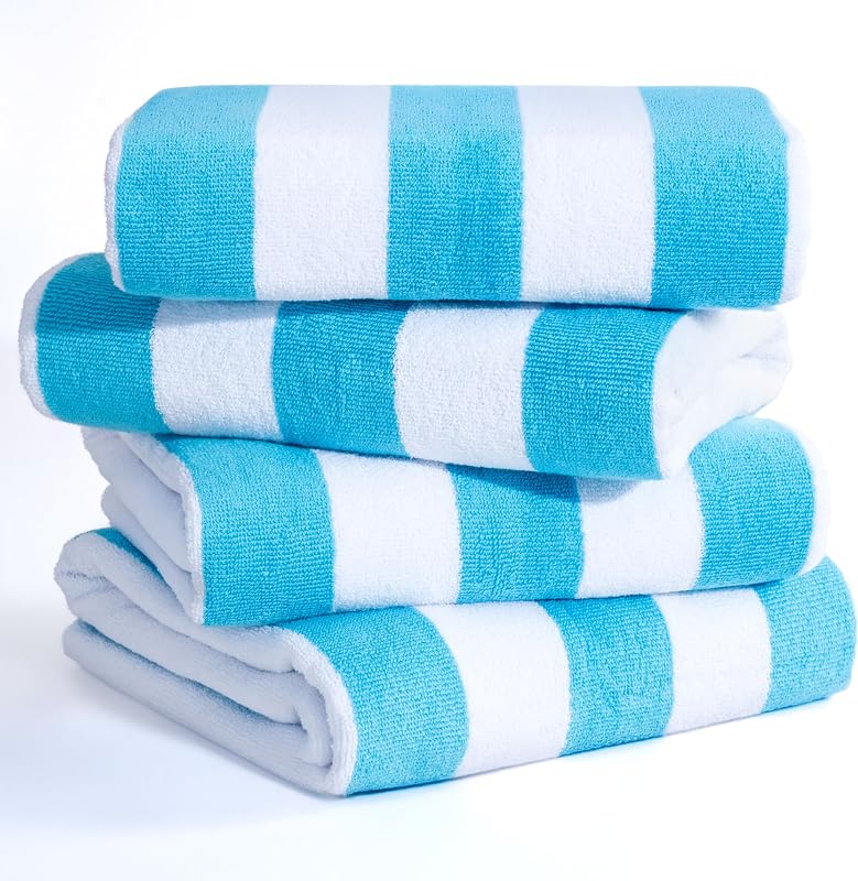 American Soft Linen Cabana Striped Beach Towels, 30x60 inch 4 Piece Oversize Pool Towels, Quick Drying Sand Free Swim Towels, Turquoise Blue