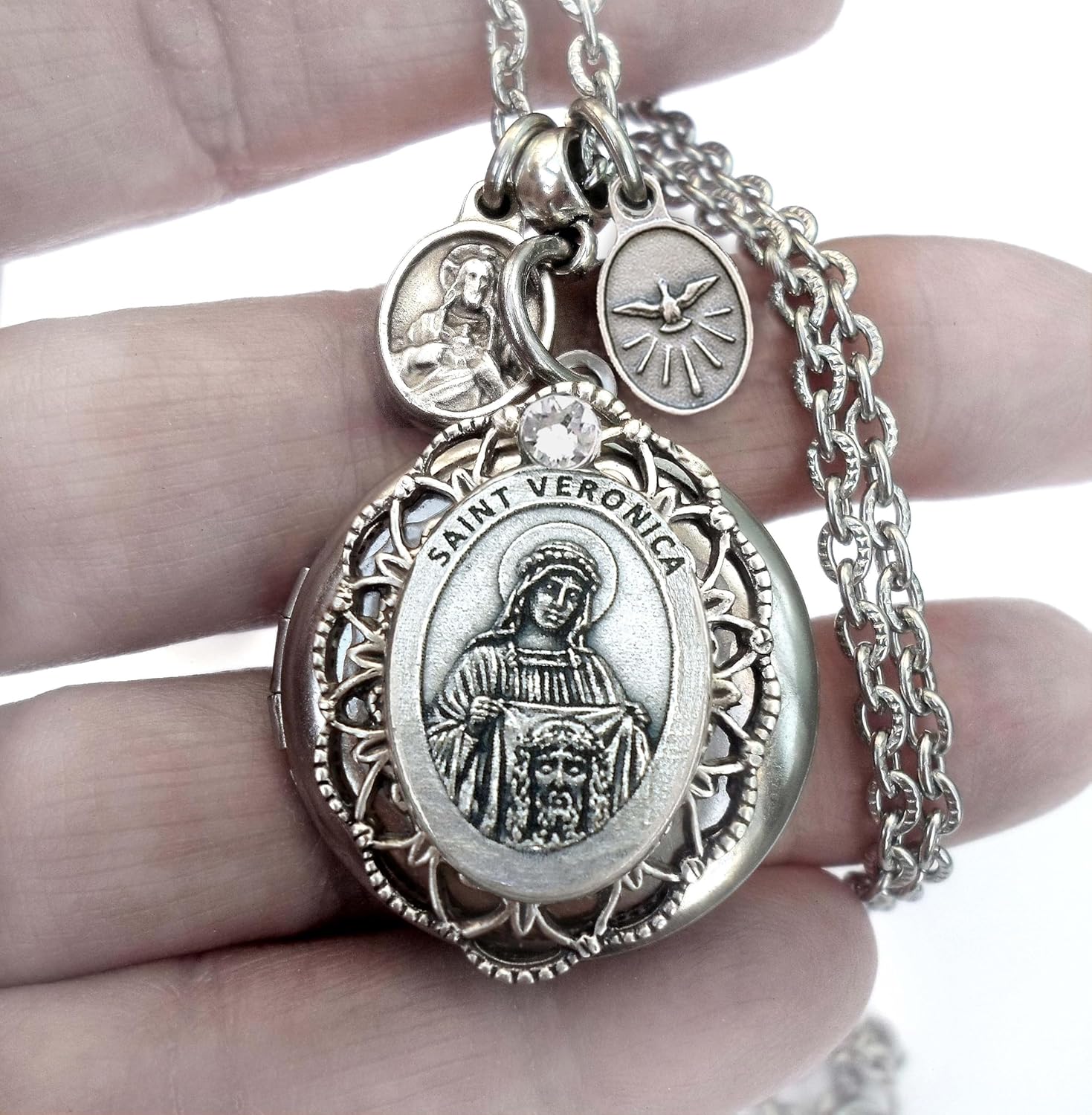 St. Veronica Locket Necklace, Patron Saint Confirmation Gift, Catholic Devotion Jewelry Gift - Image 2