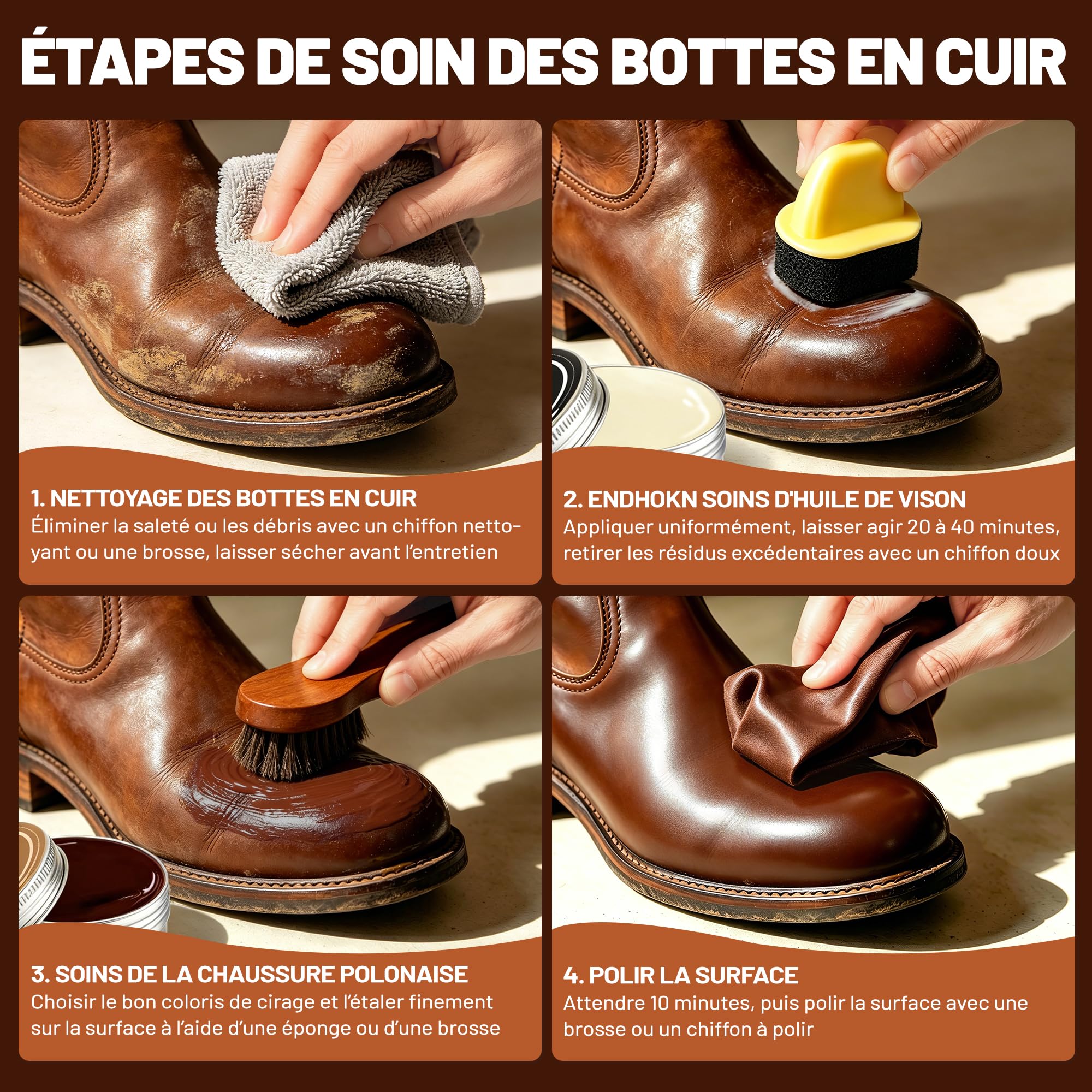 Endhokn Kit Entretien Chaussure Cuir 18PC, Cirages et Produits d'entretien Chaussures Huile de Vison, Neutre/Noir/Marron Cire à Chaussures, Brosses en Crin de Cheval, Kit Cirage Chaussure Cuir