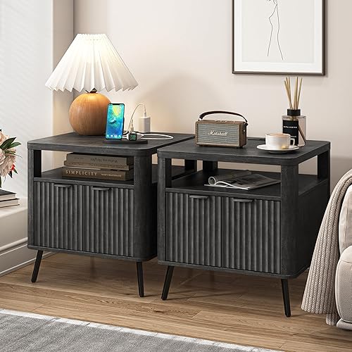 Black Nightstand Set of 2, 24" End Table Side Table with Charging Station, Modern Wood Fluted Bedside Table with Open Shelf, Large Rustic Night Stand for Bedroom, Sofa Couch