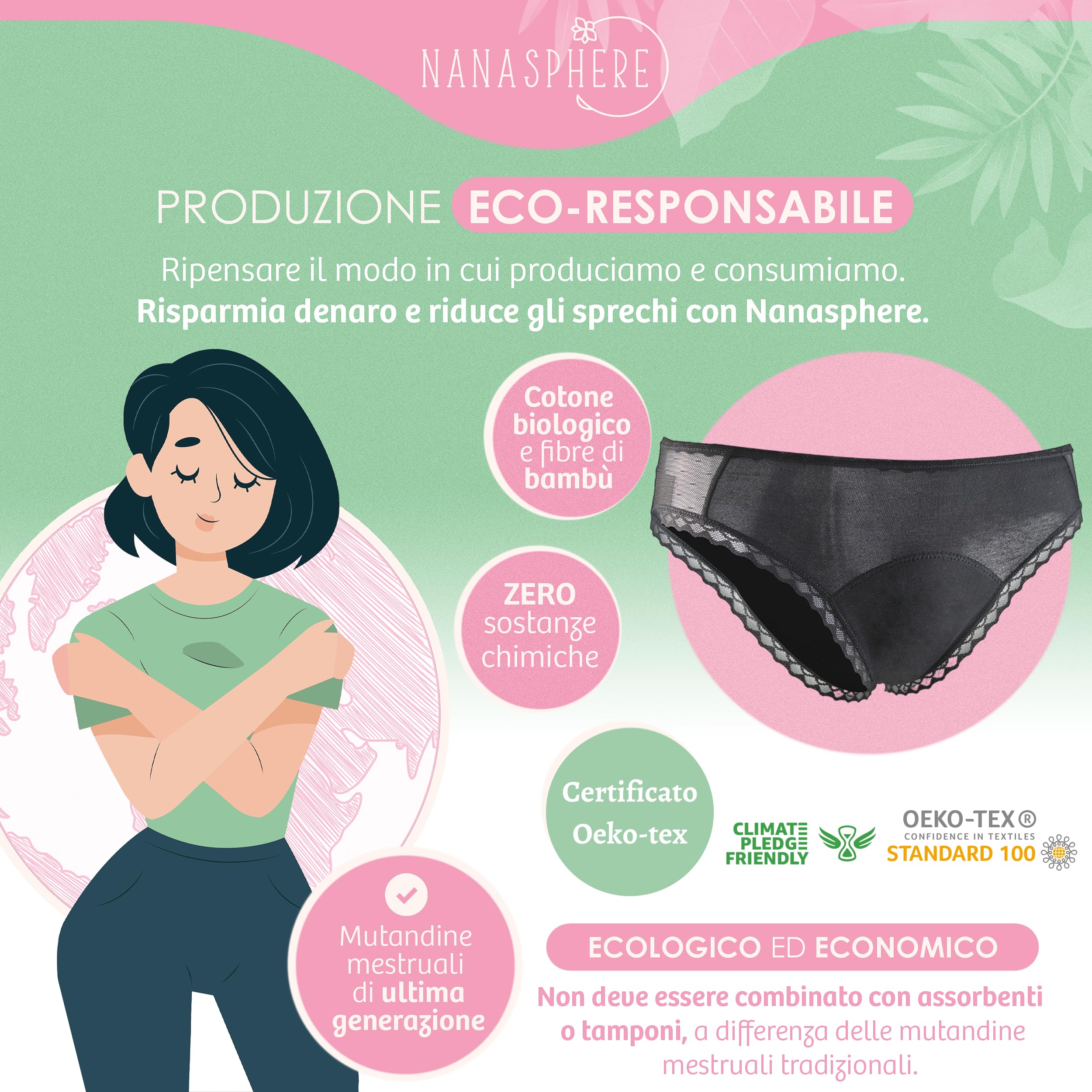 NANASPHERE Mutande Assorbenti Mestruali Set di 3 + Sacco Lavaggio | Donna Ciclo Flusso Abbondante | Cotone Organico | Slip Mestruale Donna | Incontinenza Perdita Urinaria Post Parto Adolescente