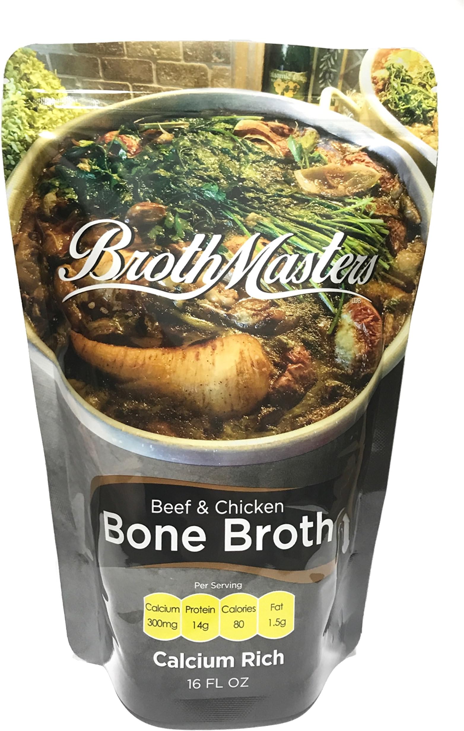 Broth Masters Bone Broth - 8 Pack (16 ounces each) Calcium Rich. Grass Fed Beef Bones, Pasture Raised Chicken Bones and Organic Vegetables. 300 Milligrams Calcium 14 grams of Protein