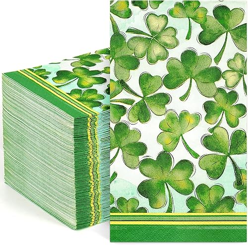 Homlouue 100 servilletas desechables de 3 capas para el día de San Patricio, servilletas de papel de trébol de la suerte de trébol para baño, cena,