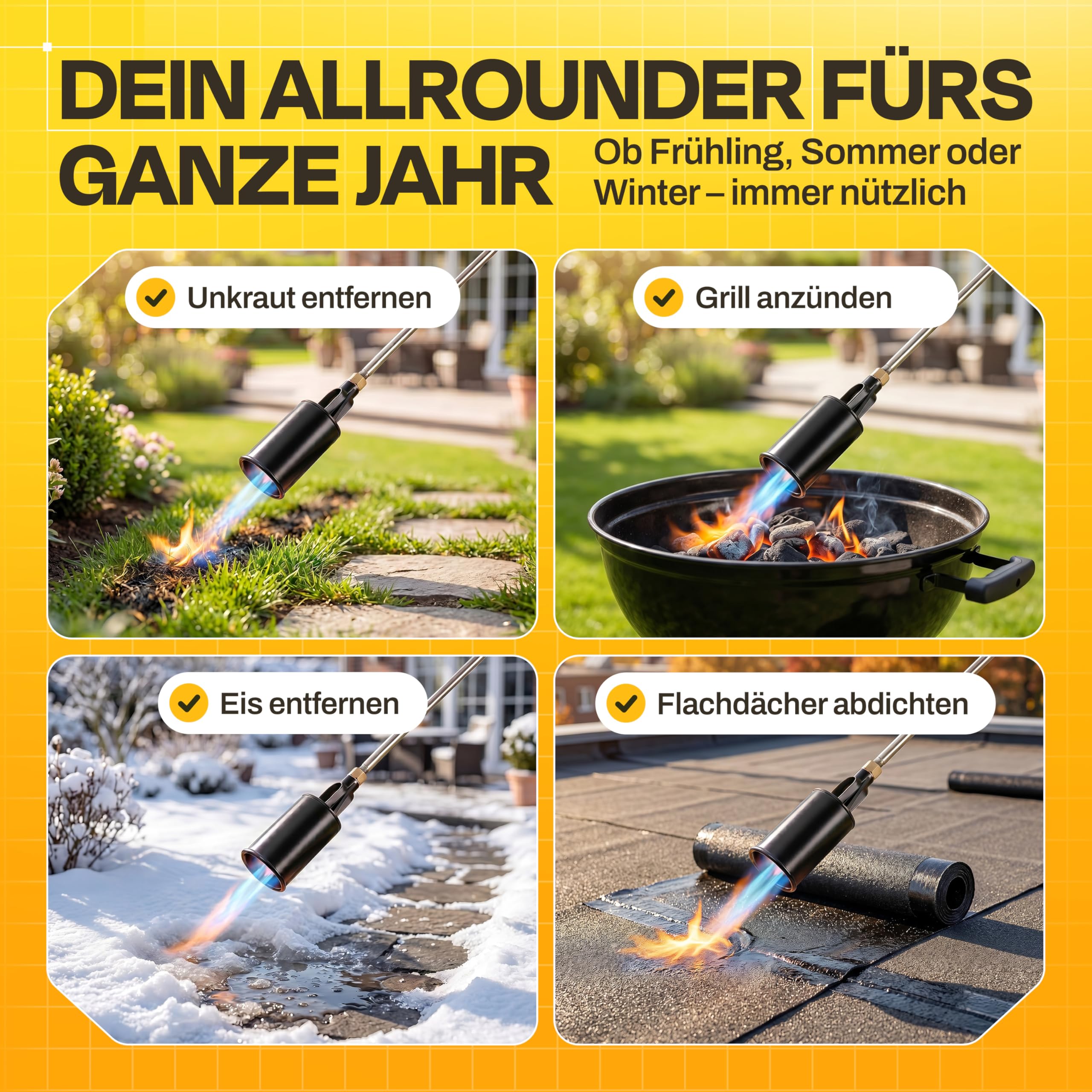 Unkrautbrenner Gas 2-in-1 – Abflammgerät mit Piezozündung für Gaskartusche & Gasflasche - bis 1.500 °C – stufenlose Flammenregelung – chemiefreie Unkrautentfernung für Garten & Hof