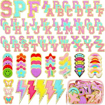 120 Pcs Chenille Letter Patches Iron on Patches Embroidered Stickers Include 78 A-z Letters Patch 42 Stars and Flower Heart for Clothing DIY Classic Style, Pink, Purple, Blue