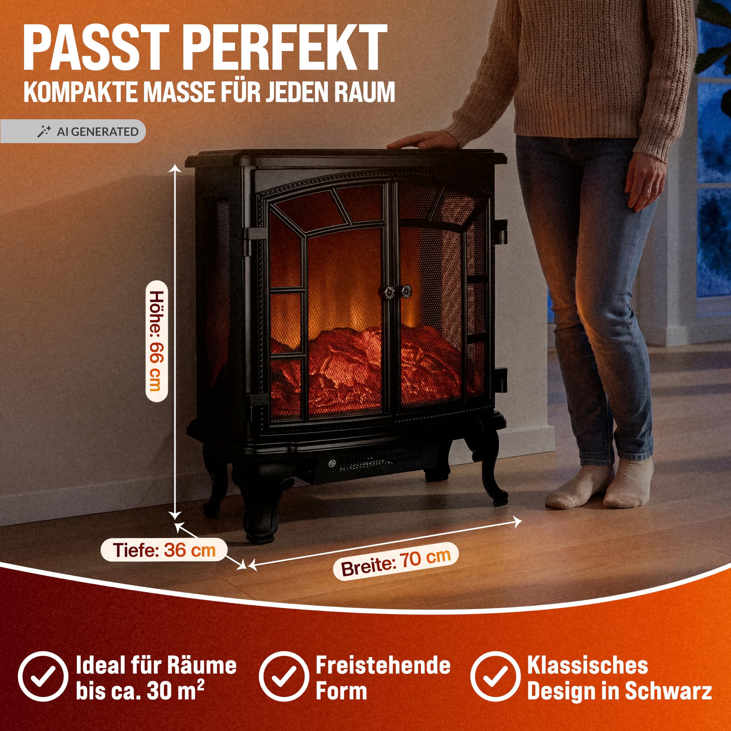 DEUBA® Caminetto Elettrico 2000W Termocamino Luce LED Effetto Fiamma Realistico Stufa Elettrica Camino Nero Doppia Porta