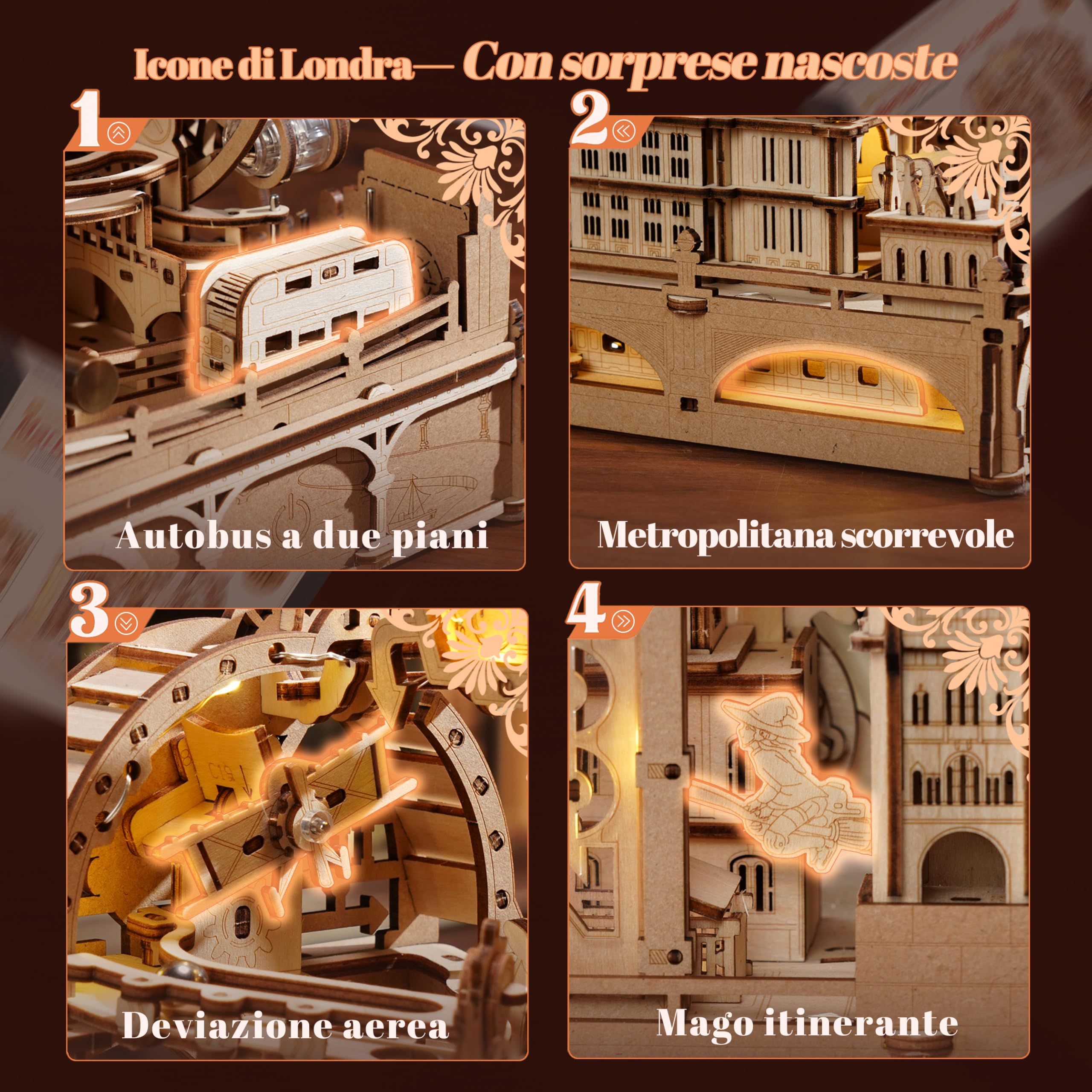ROBOTIME Puzzle 3D in Legno con Circuito a Biglie – Modello Meccanico da Costruire Londra, Kit Fai-da-Te con Luci per Adulti e Adolescenti, Regalo Decorativo Creativo, EGB01