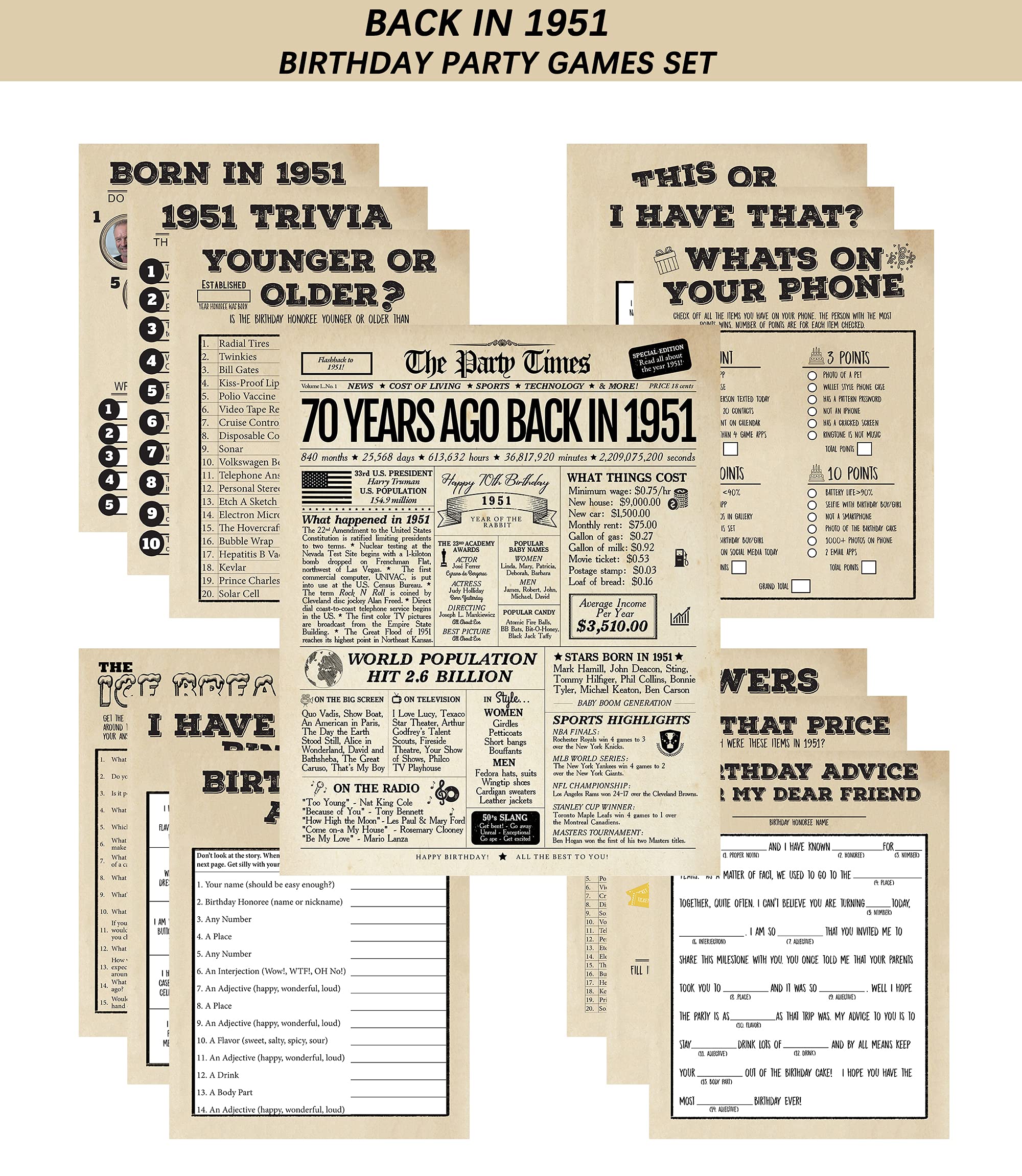 70th Birthday Decorations for Women or Men, Back in 1951 Printable Party Games Set, Classy Vintage Table Decor, Birthday Card Poster Party for Him or Her Turning 70 Years Old Gifts, 8 x 10 Inches