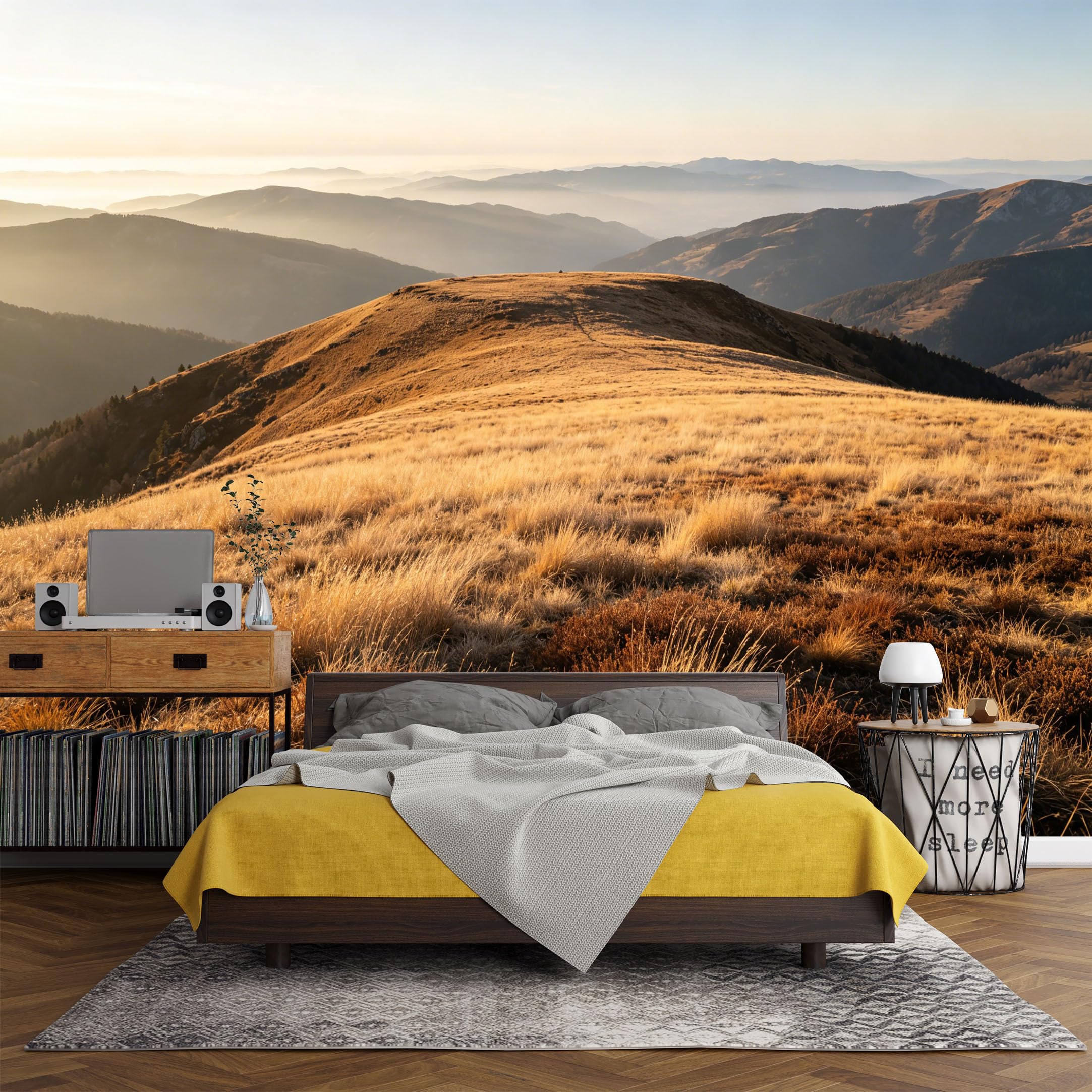 Custom Size Wall Mural， Mountain Landscape Golden Meadow Sunset Horizon View，SelfAdhesive Art Prints wall Fabric (No PVC) Removable Wallpaper Living Room Decor