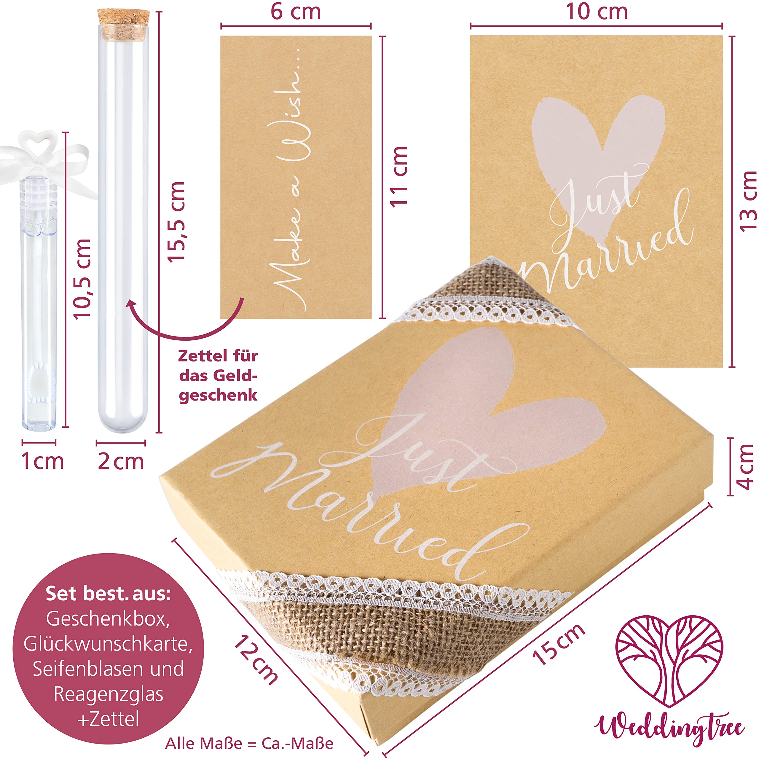 WeddingTree Pudełko na prezent, prezent pieniężny, prezent ślubny, prezent dla młodej pary, opakowanie z probówką, kartą ślubną i baniekami mydlanymi, pudełko na prezent ślubny