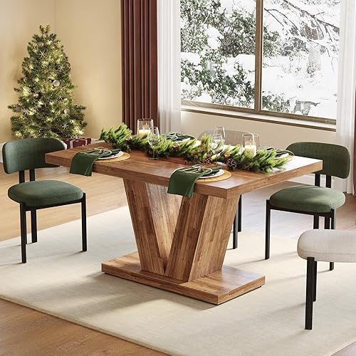 Miniatura 7 de LITTLE TREE Mesa de comedor de 47 pulgadas para 4, mesas de comedor modernas, mesa de cocina rectangular marrón con pedestal en forma de V, mesa de