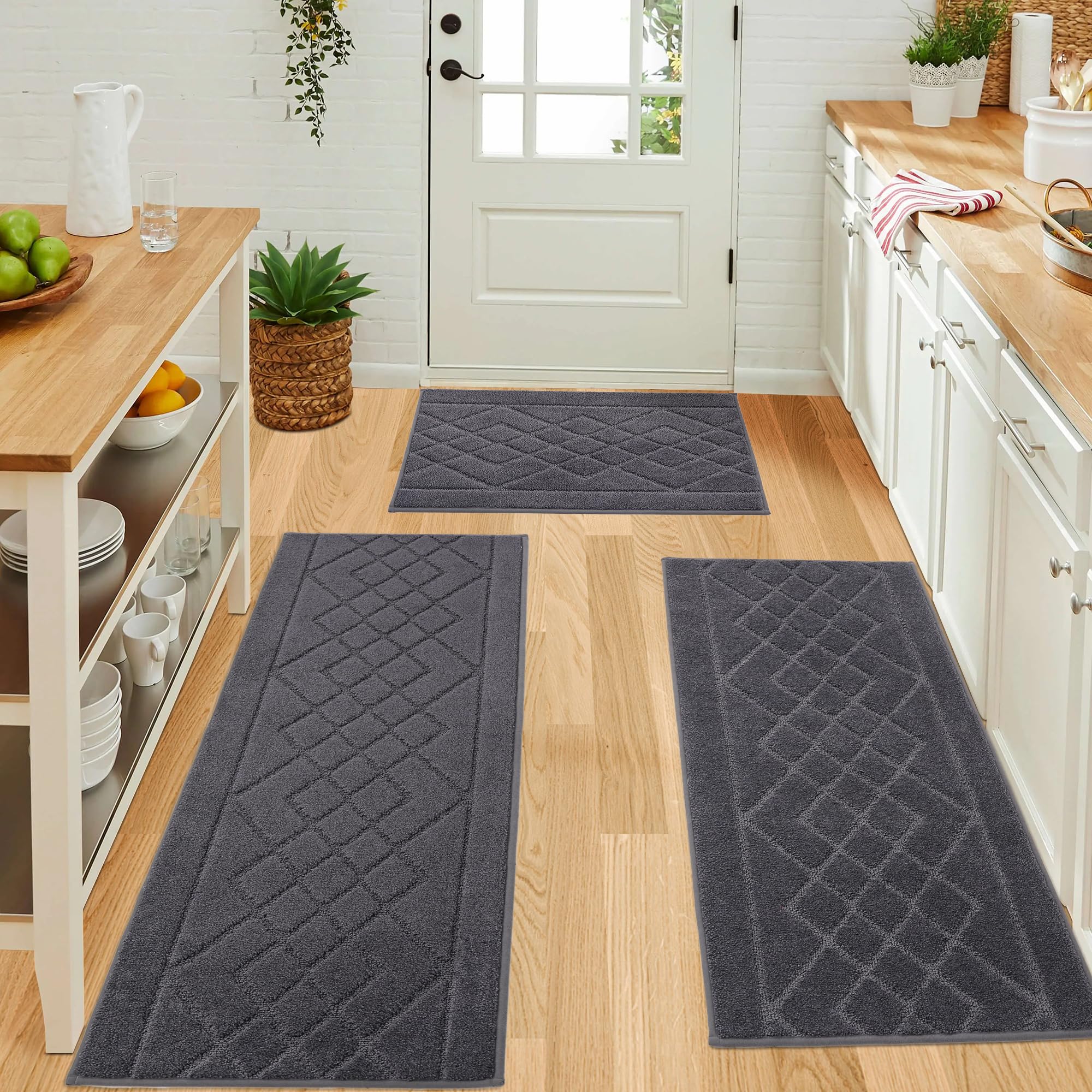 BEQHAUSE Küchenteppich 2 Stück rutschfeste, Maschinenwaschbare Küchenmatten, Saugfähige, Weiche Küchenläufer für Küche, Esszimmer, Dunkelgrau, 50X76cm+50X122cm