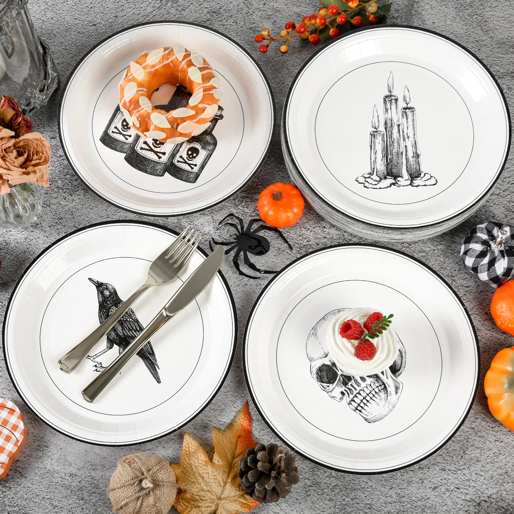 48 Halloween-Pappteller, 17,8 Cm – Gruselige Motive Wie Totenkopf & Rabe, Perfekt Für Partys