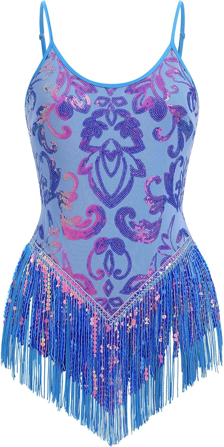 IBAKOM Women Sexy Sequins Fringe Bodysuit Sparkly Tassel Latin Jazz Dance Acrobat Costume Adult Trapeze Artist Rave Outfits