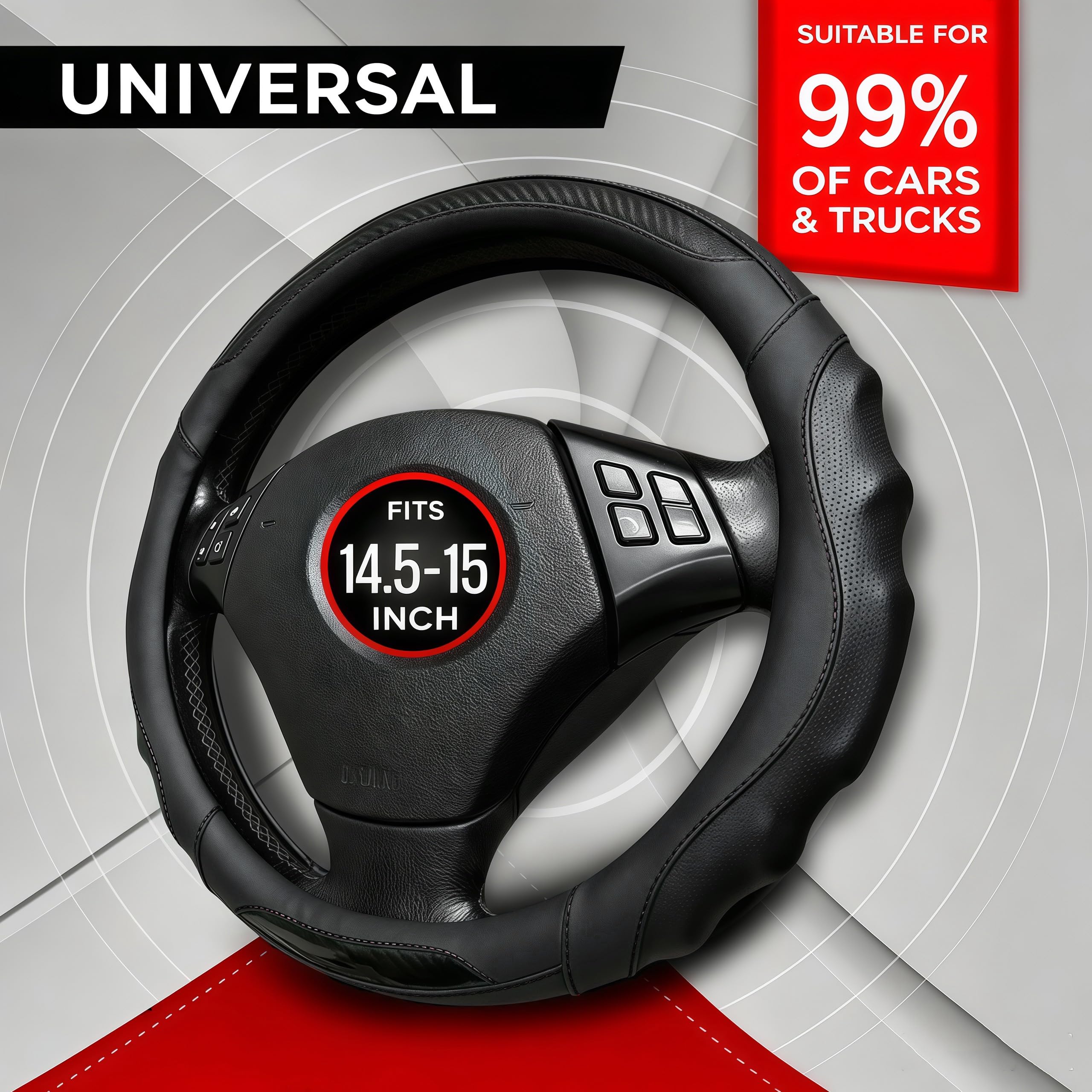 Funda de cuero para volante de automóvil, 14.5-15 pulgadas, antideslizante, universal para coches, camiones, SUV, accesorios de automóvil (línea negra - negra)