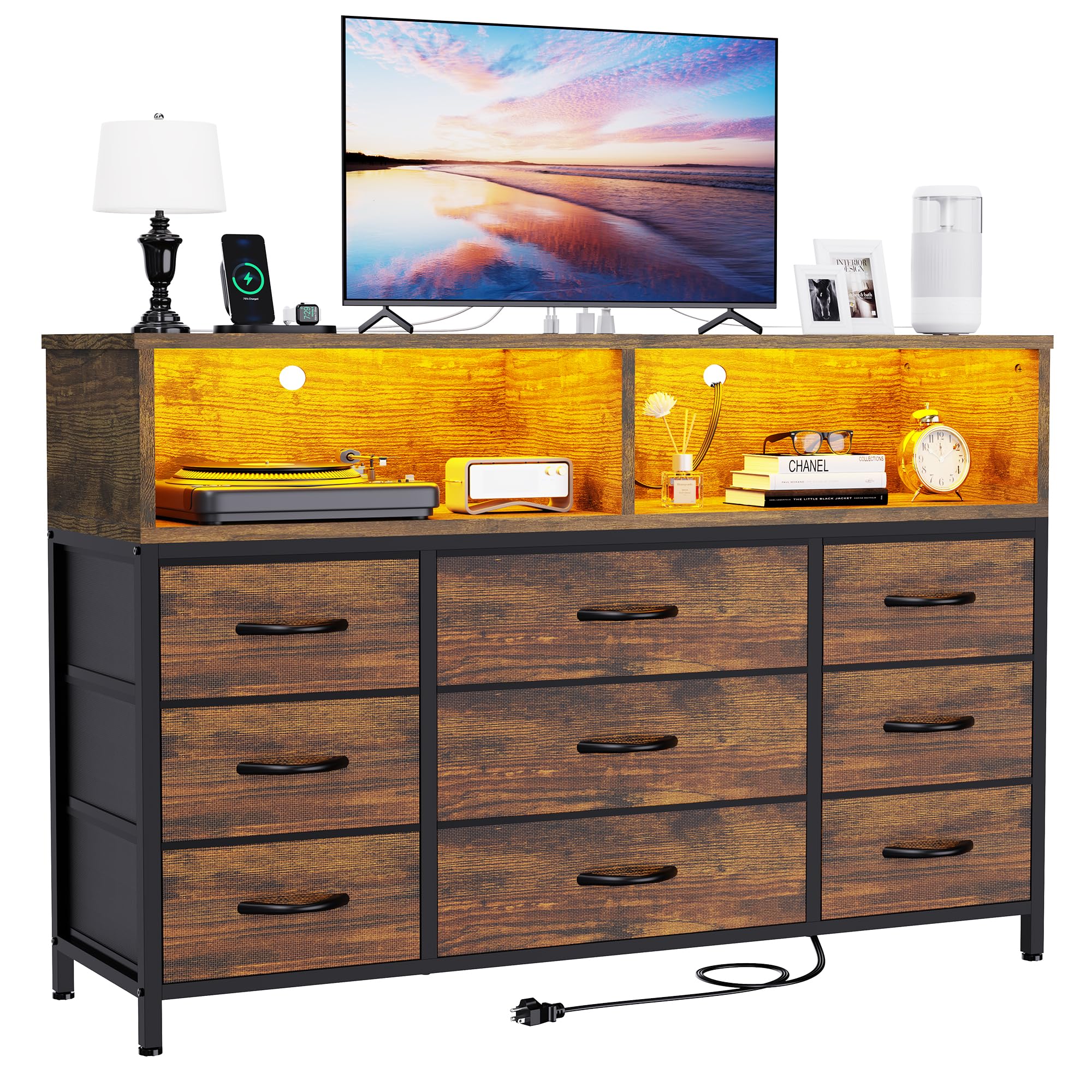 dresser for bedroom, 9 drawers led dresser tv stand with power outlets and led lights, long fabric dressers wide chest of drawers with large organizer for living room, entryway, hallway