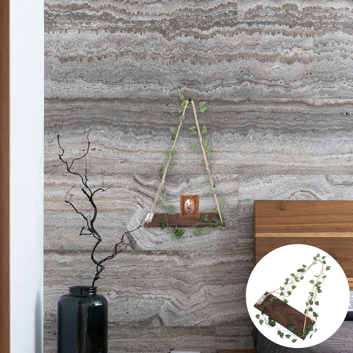 Floating Wall Shelf with LED Light, Artificial Vine Hanging Storage Rack, 2pcs Rattan Decorative Shelves for Living Room Bedroom Kitchen Home Decor